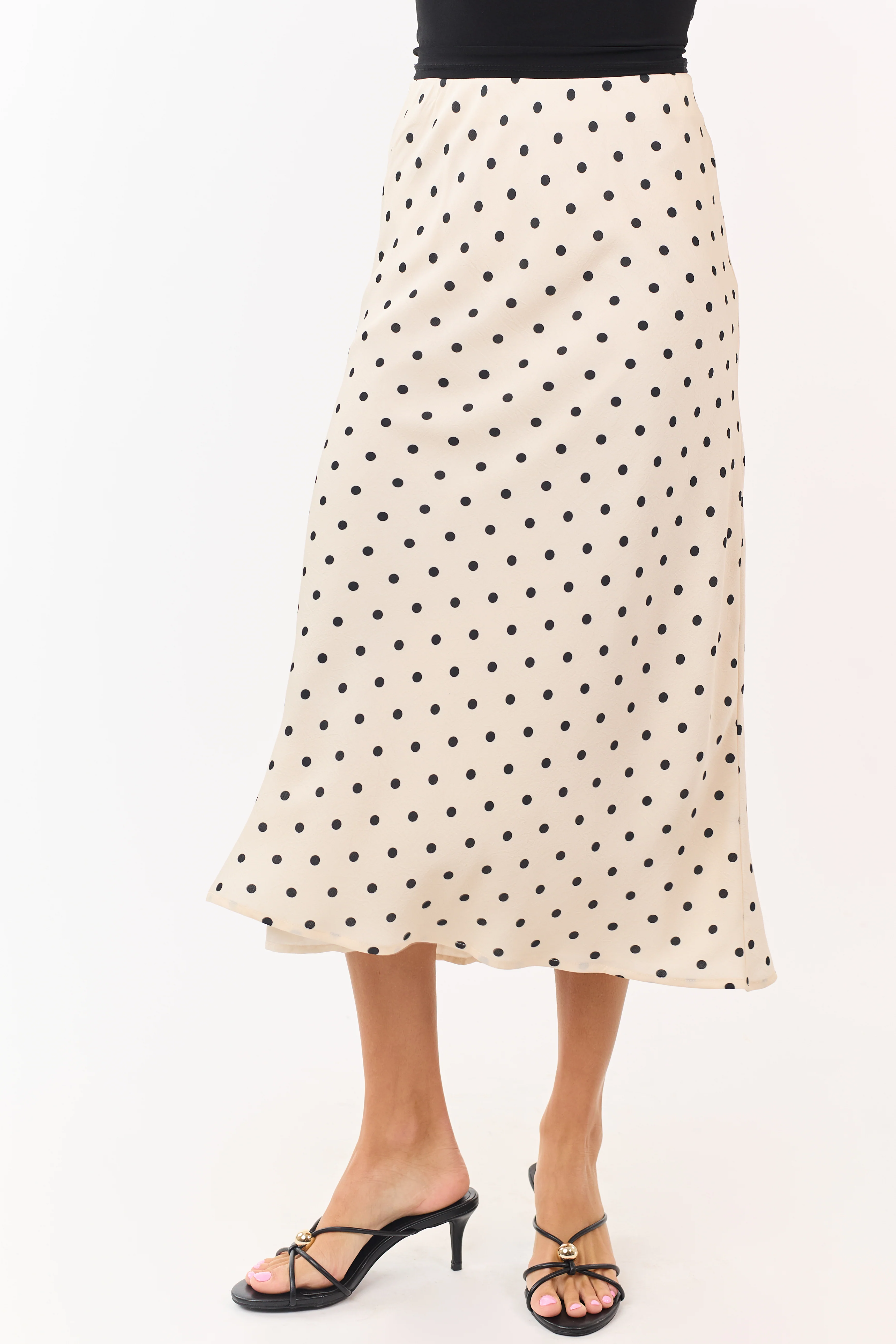 Champagne and Black Polka Dot Satin Midi Skirt - Image 2