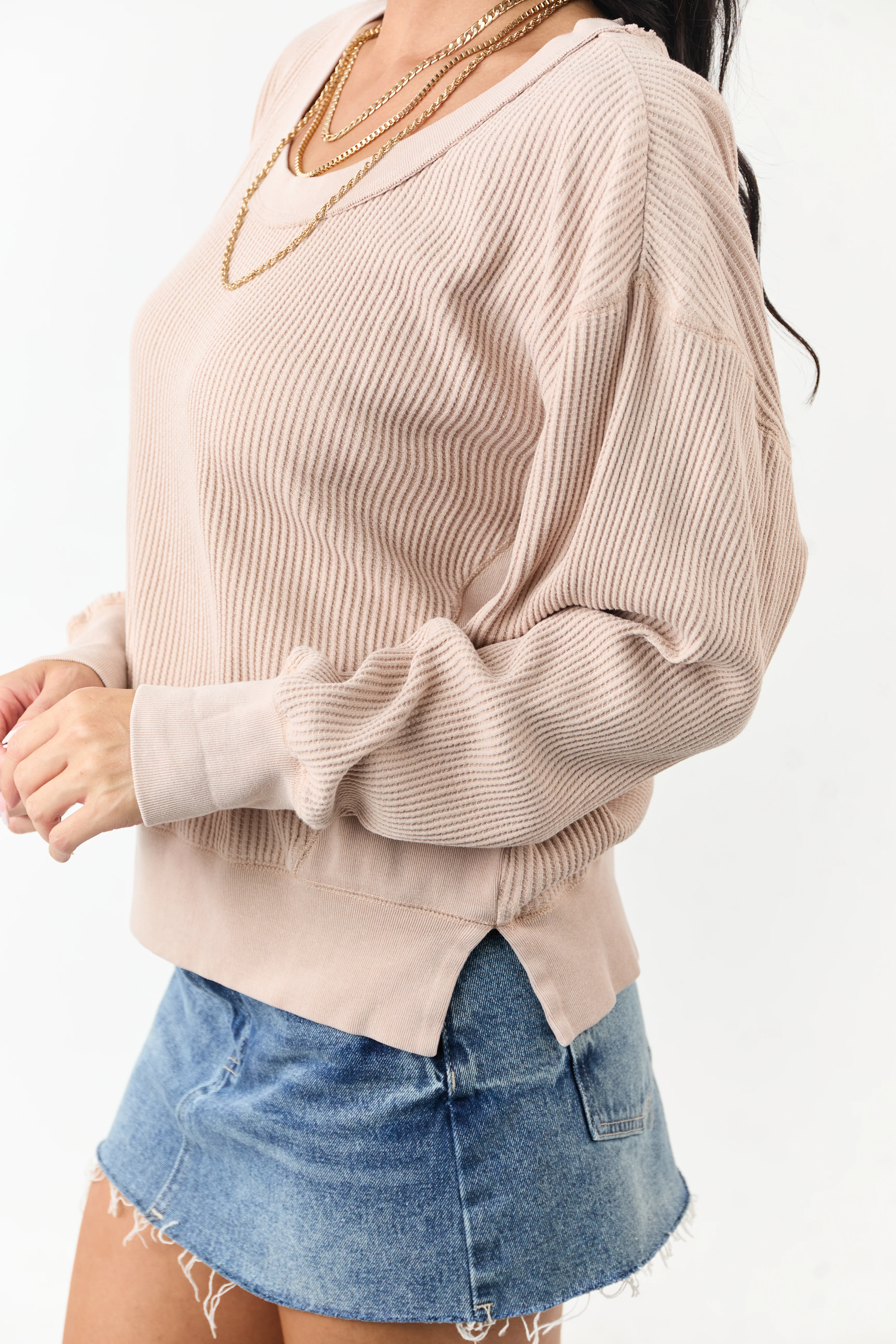 Champagne Boat Neck Cotton Knit Relaxed Sweater - Image 2
