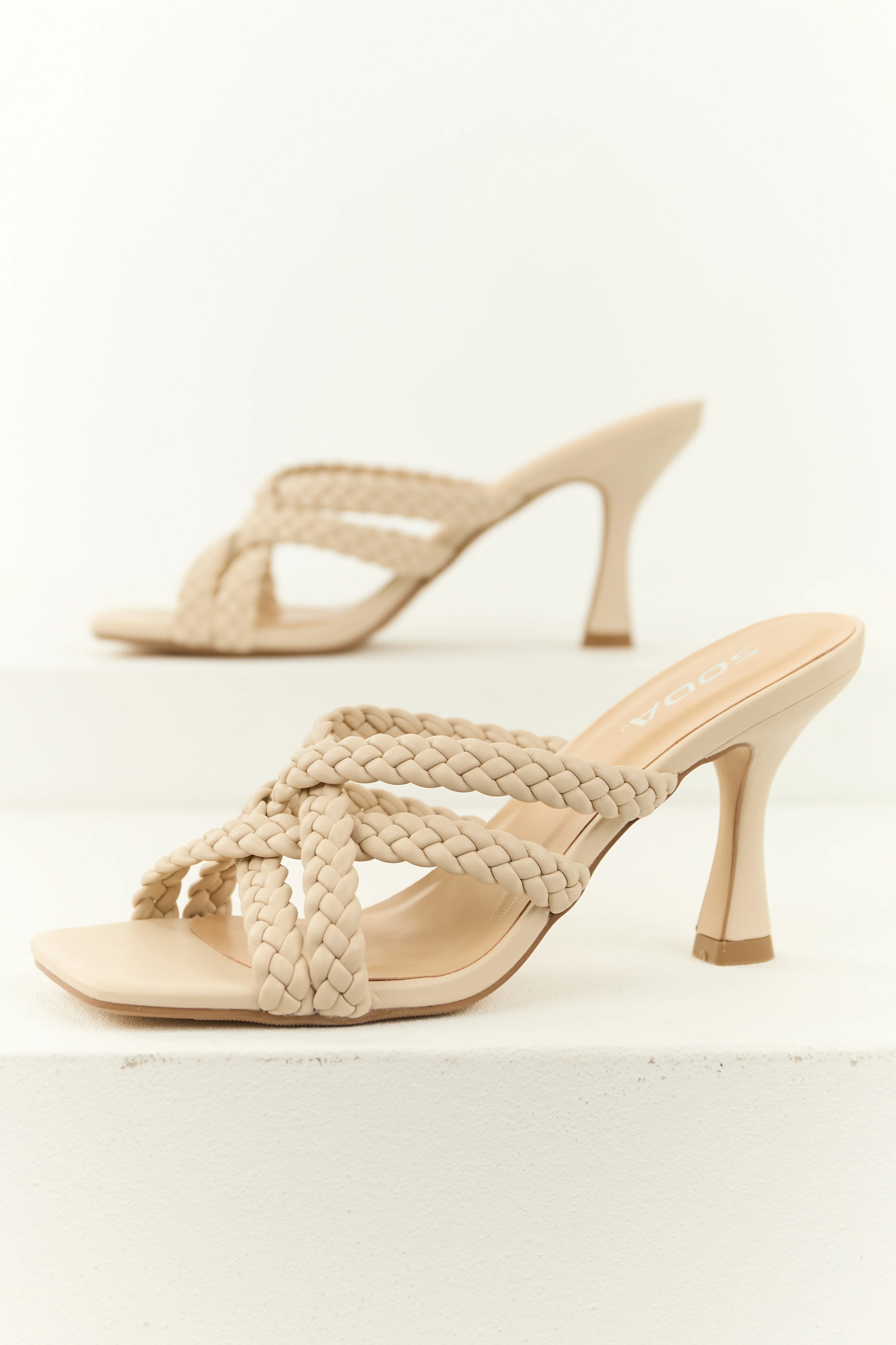 Champagne Braided Strap Square Toe Heels - Image 2