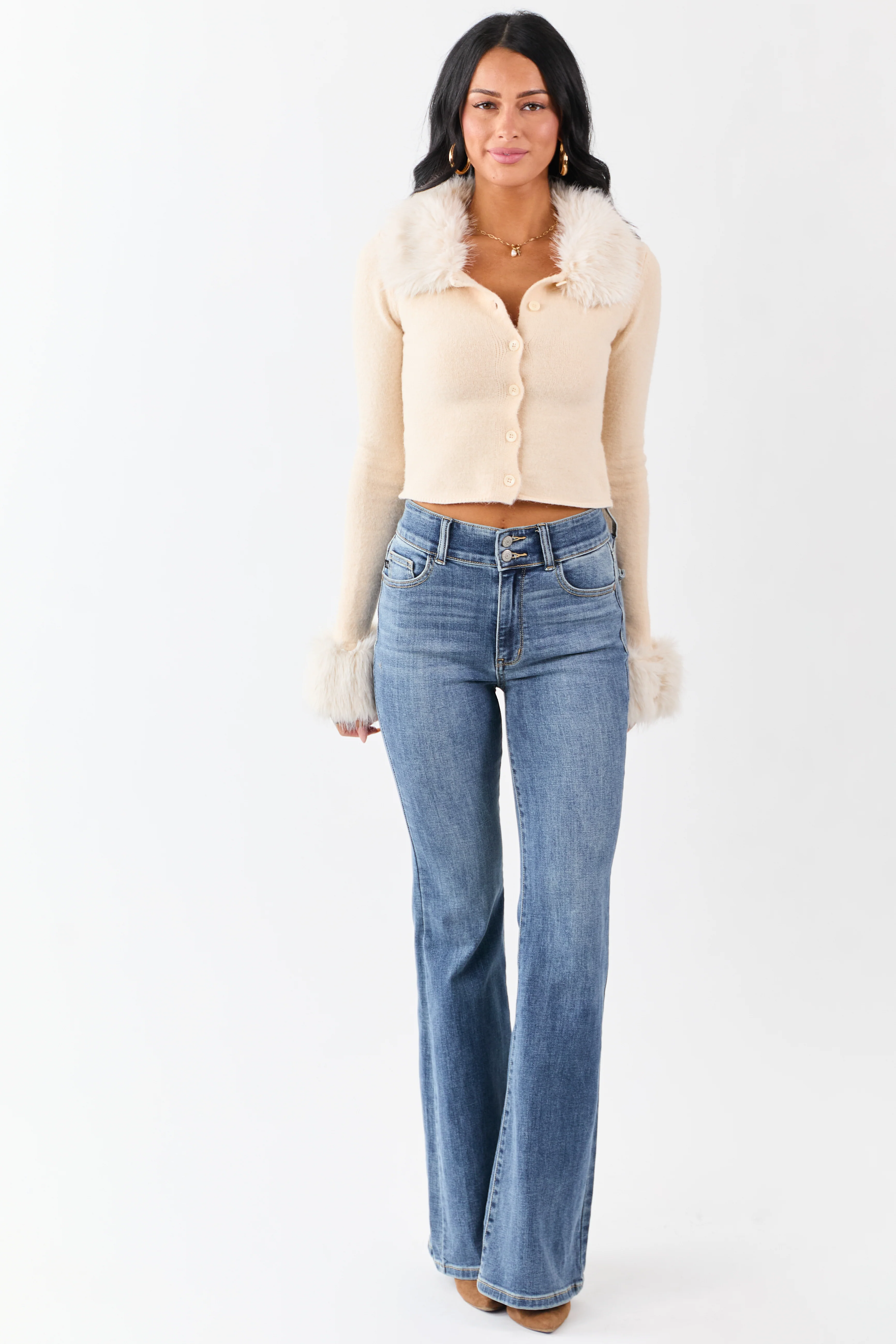 Champagne Faux Fur Trim Cropped Button Up Cardigan - Image 3