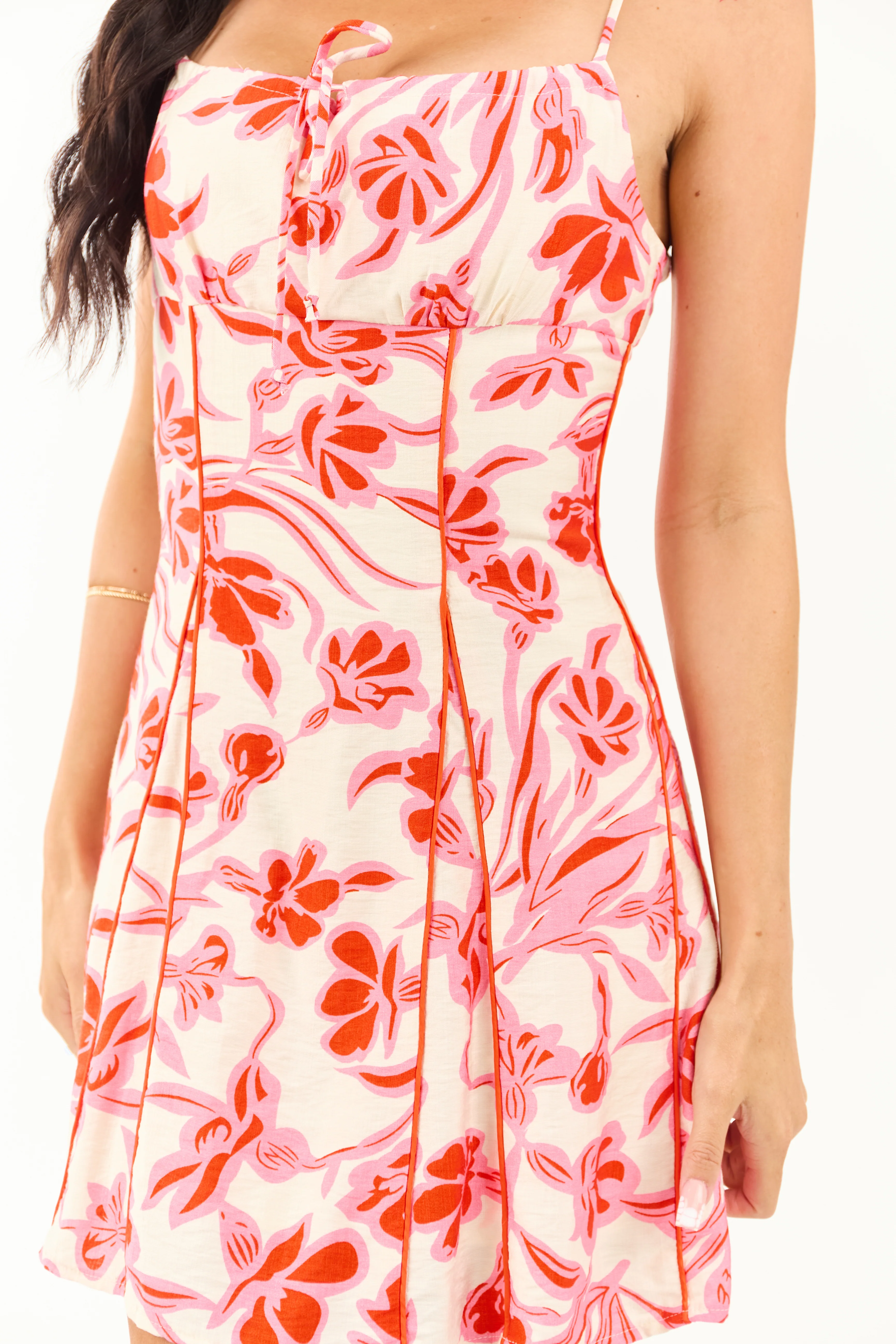 Champagne Floral Print Contrast Seam Mini Dress - Image 6
