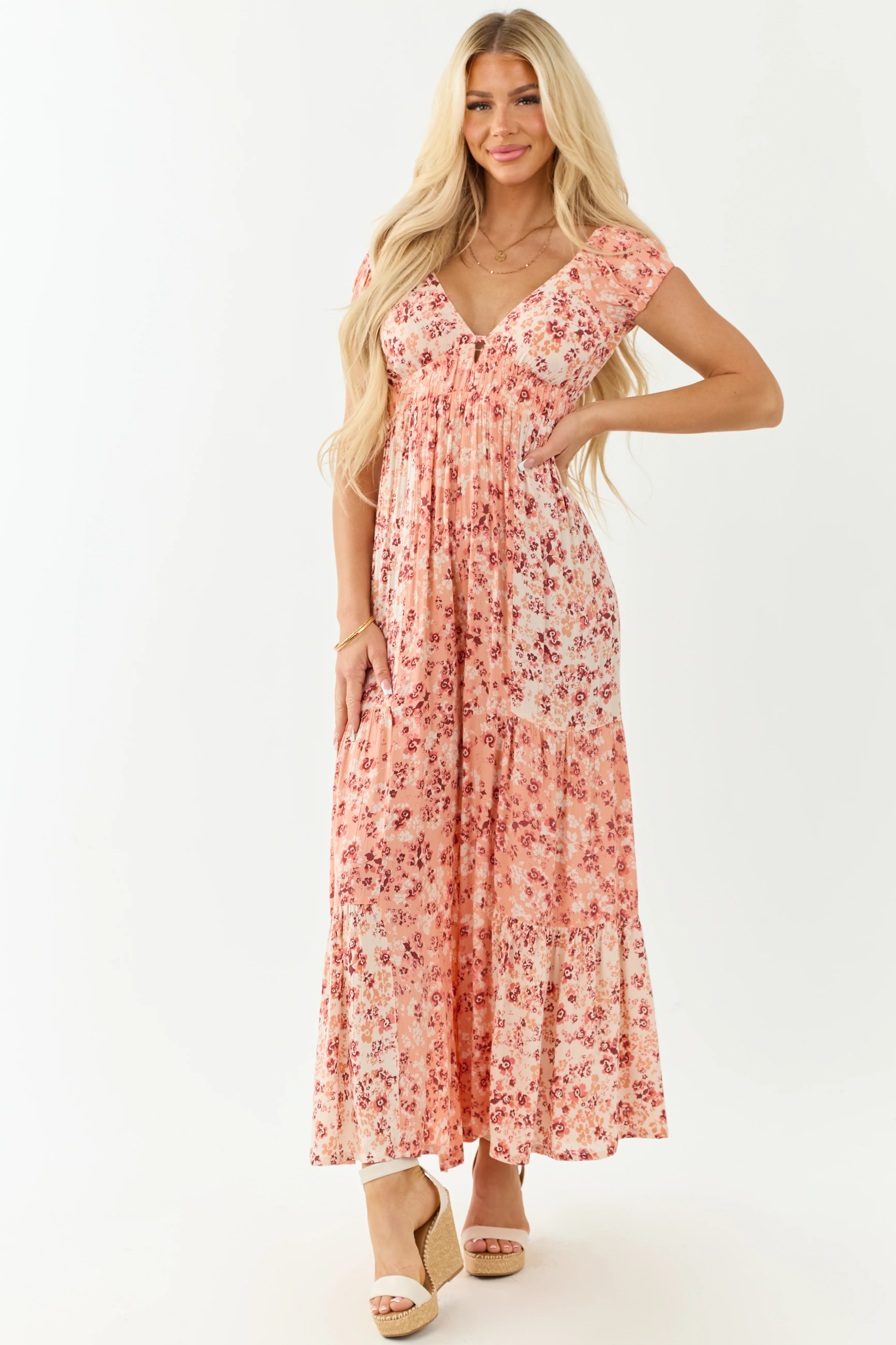 Champagne Floral Print Tiered Open Back Jumpsuit - Image 3