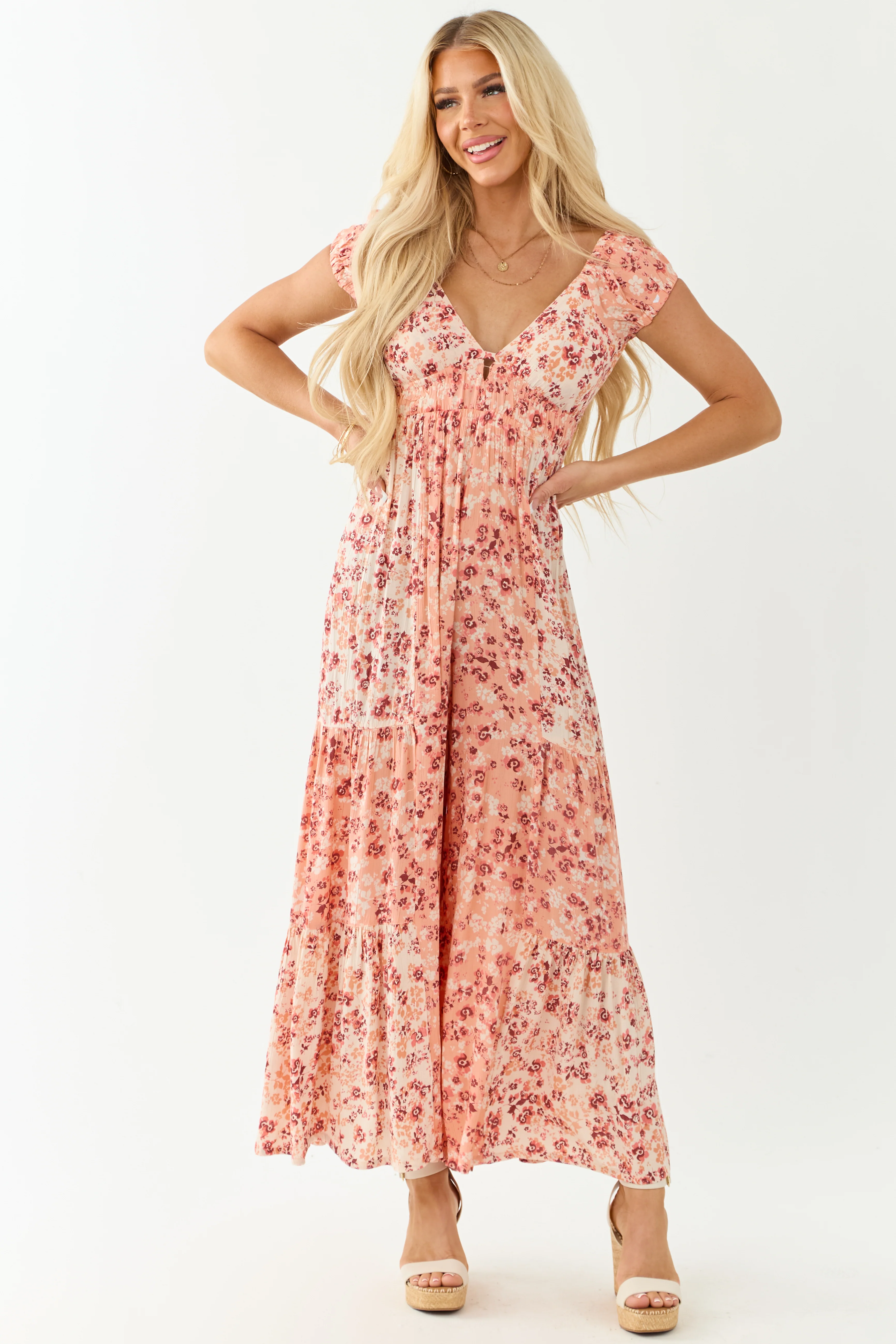Champagne Floral Print Tiered Open Back Jumpsuit - Image 4