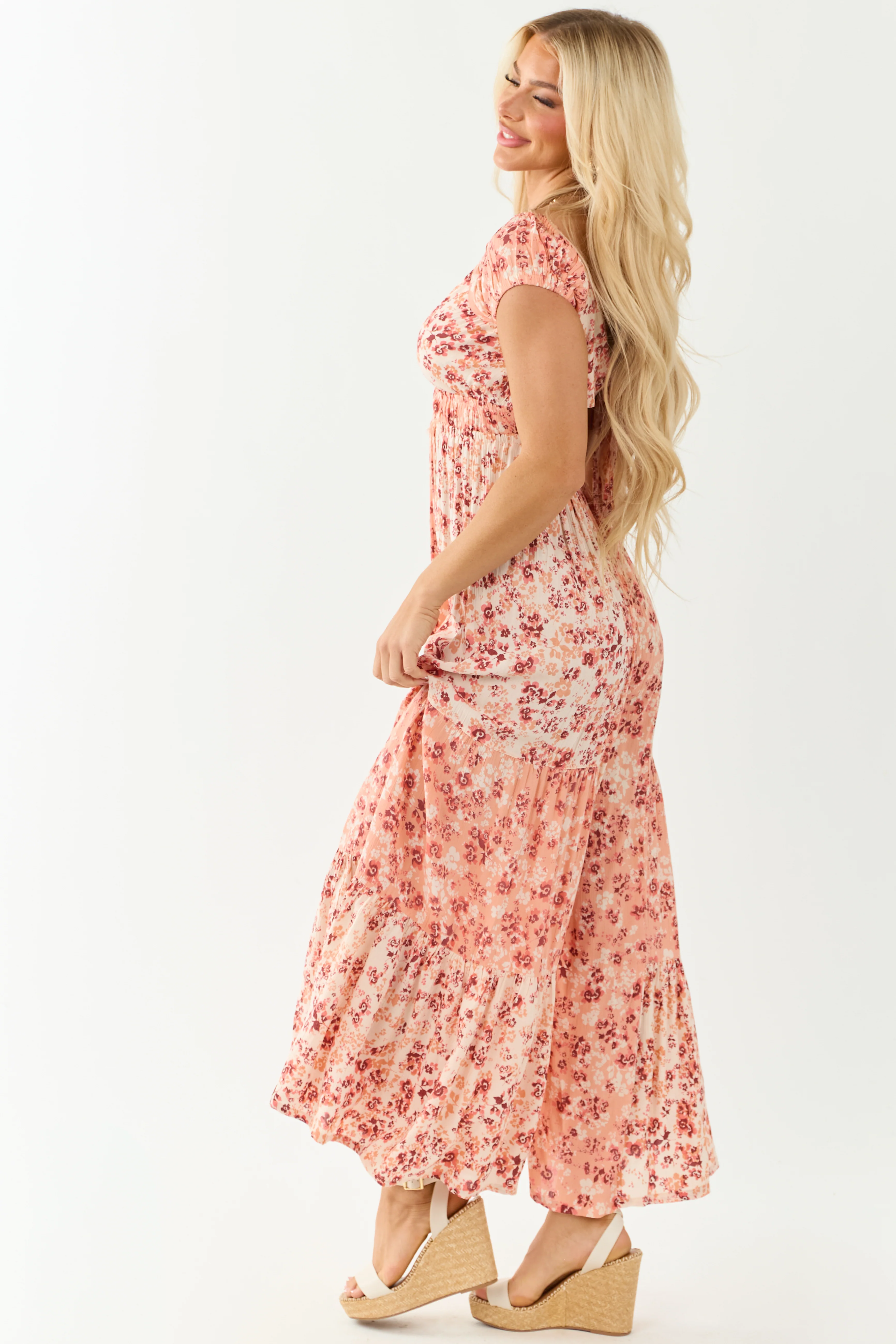 Champagne Floral Print Tiered Open Back Jumpsuit - Image 5