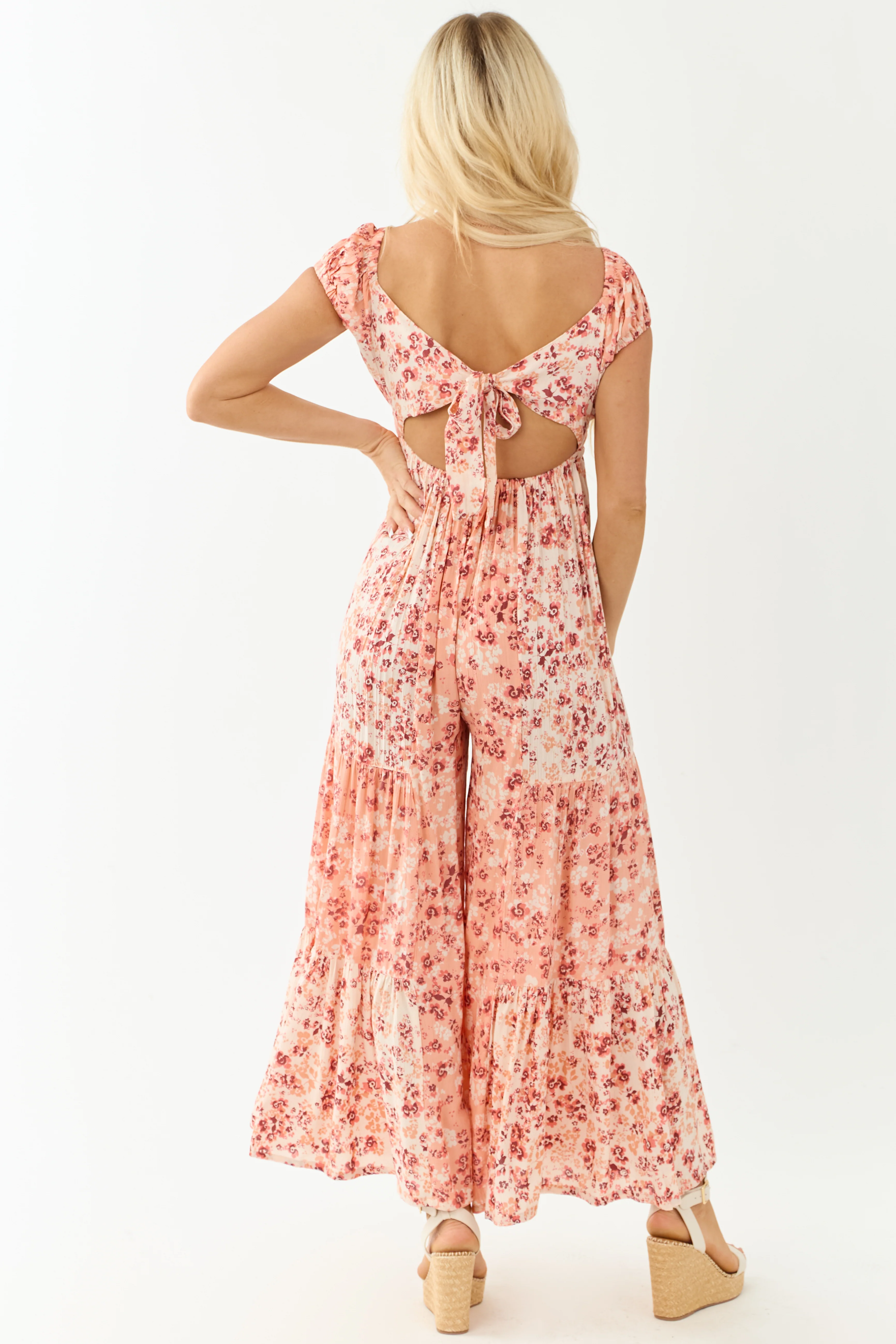Champagne Floral Print Tiered Open Back Jumpsuit - Image 6