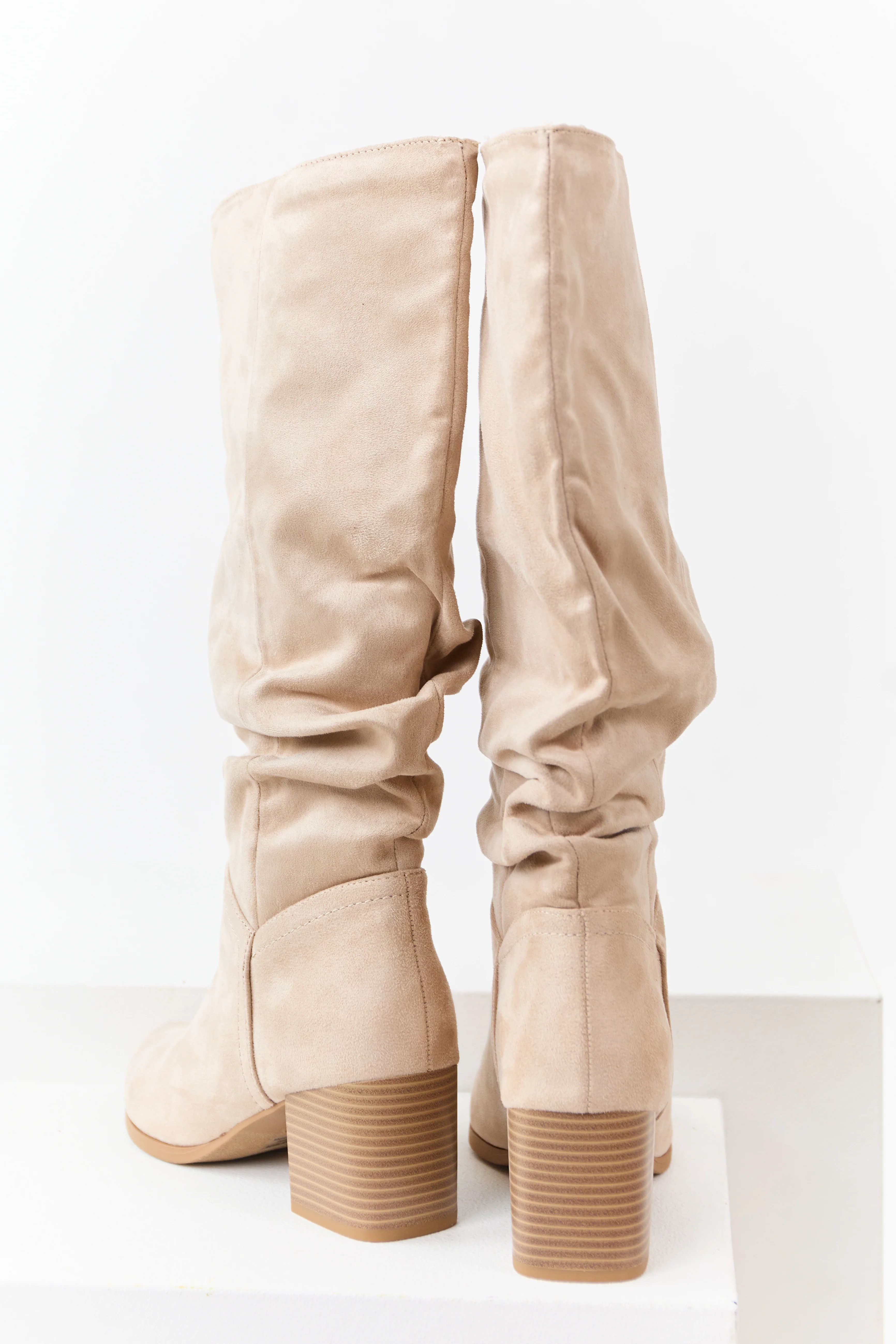 Champagne Microsuede Slouch Block Heel Tall Boots - Image 3