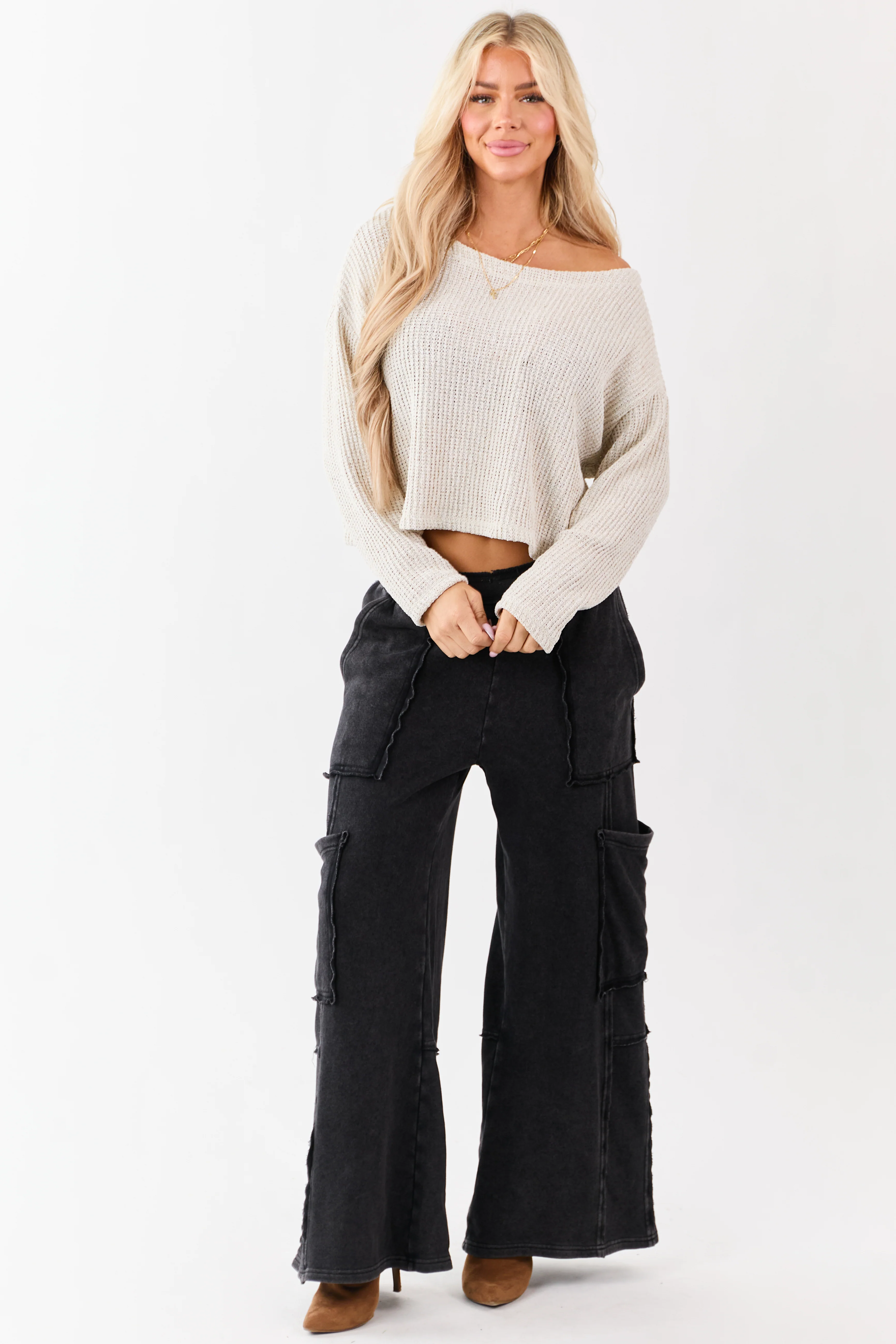 Champagne Open Knit Boxy Long Sleeve Top - Image 2