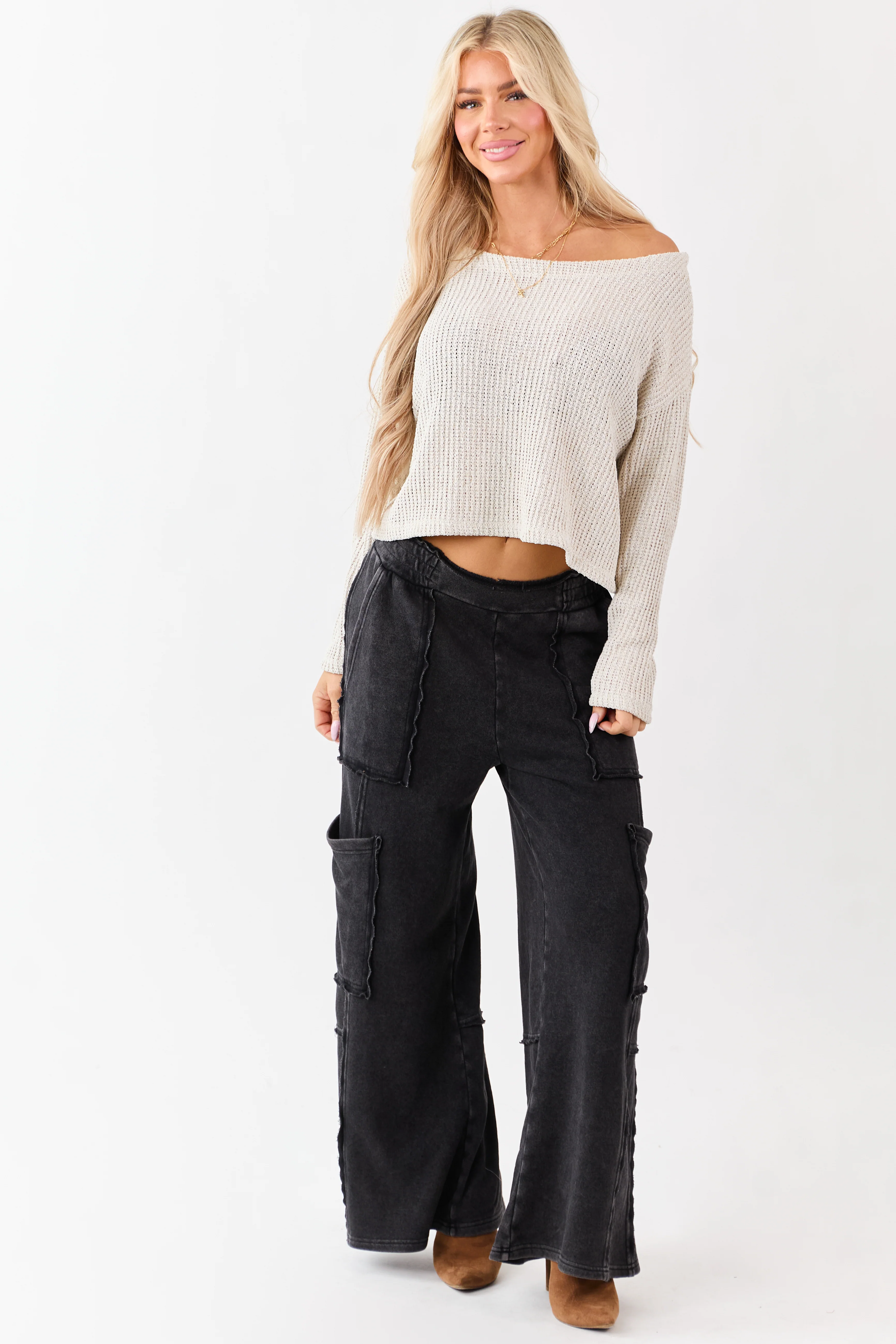 Champagne Open Knit Boxy Long Sleeve Top - Image 3