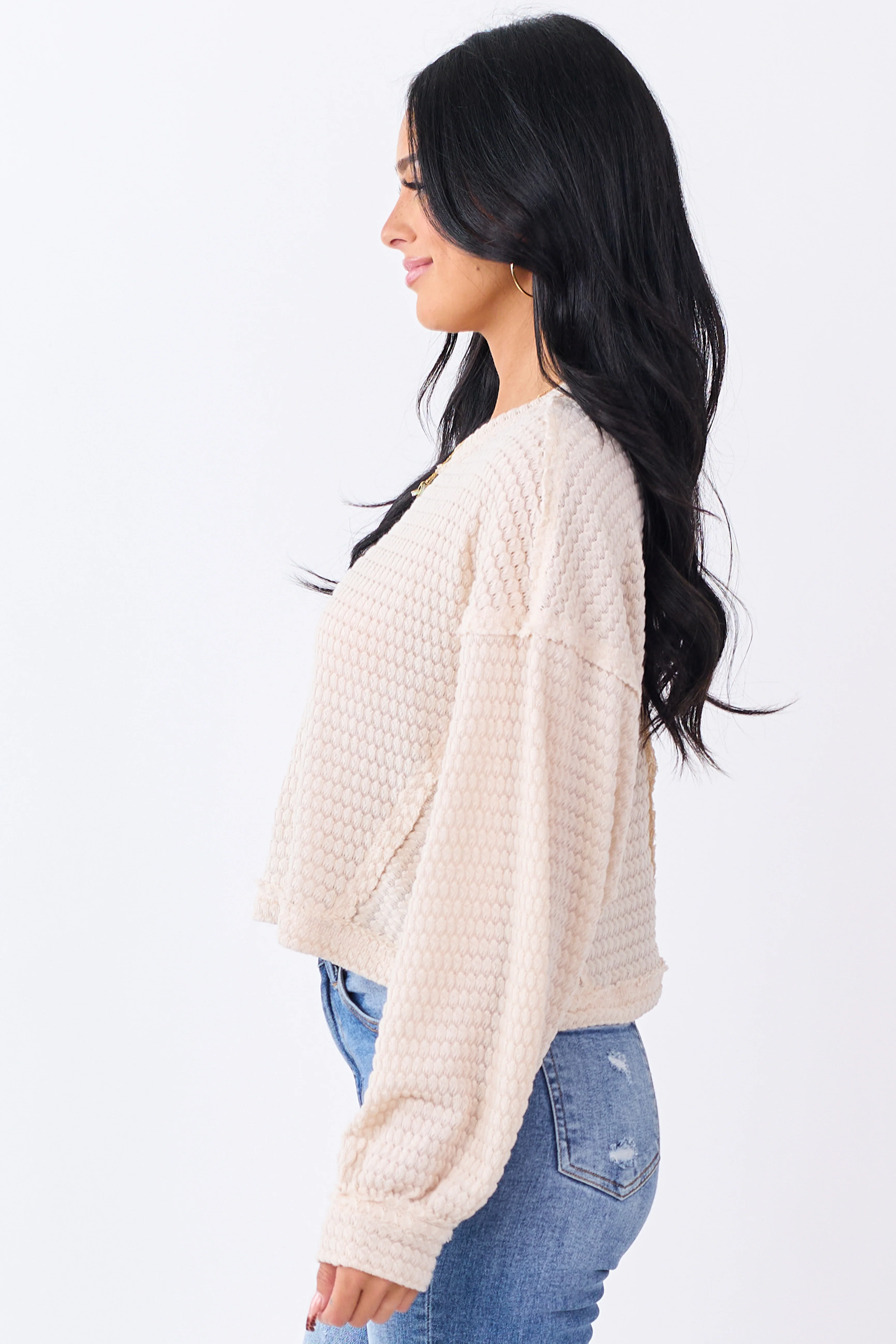 Champagne Waffle Knit Long Sleeve Boxy Top - Image 4