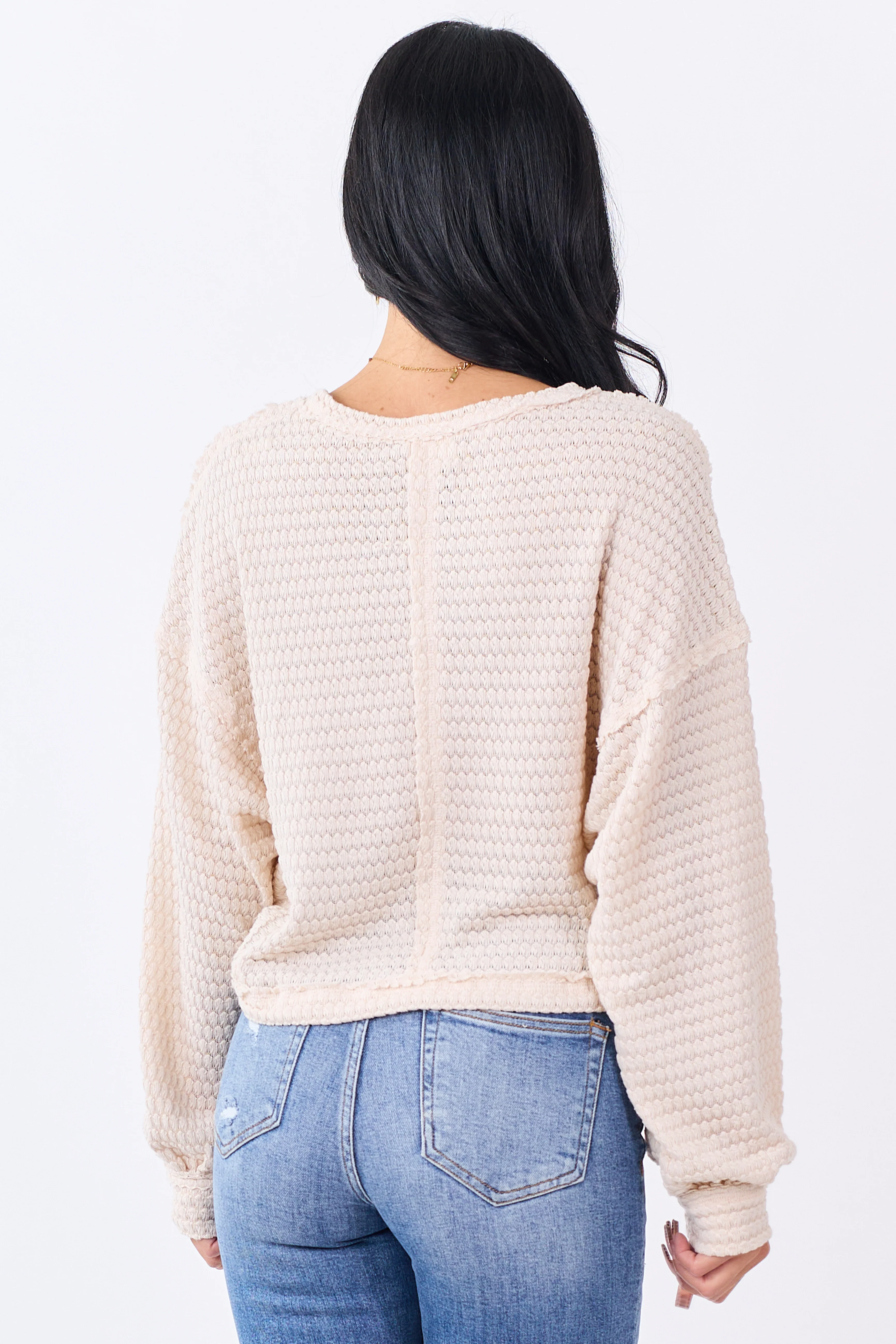 Champagne Waffle Knit Long Sleeve Boxy Top - Image 5