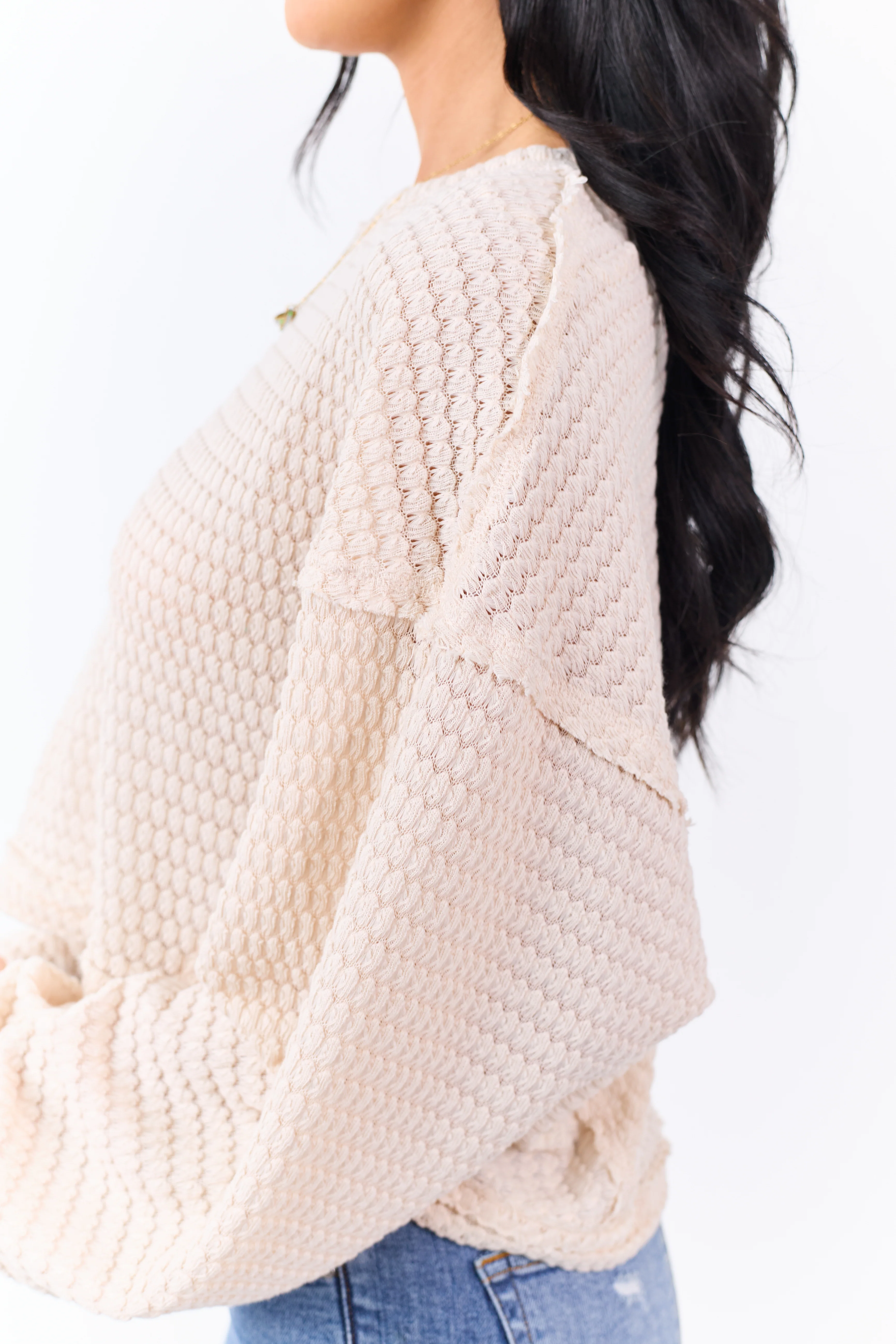 Champagne Waffle Knit Long Sleeve Boxy Top - Image 6