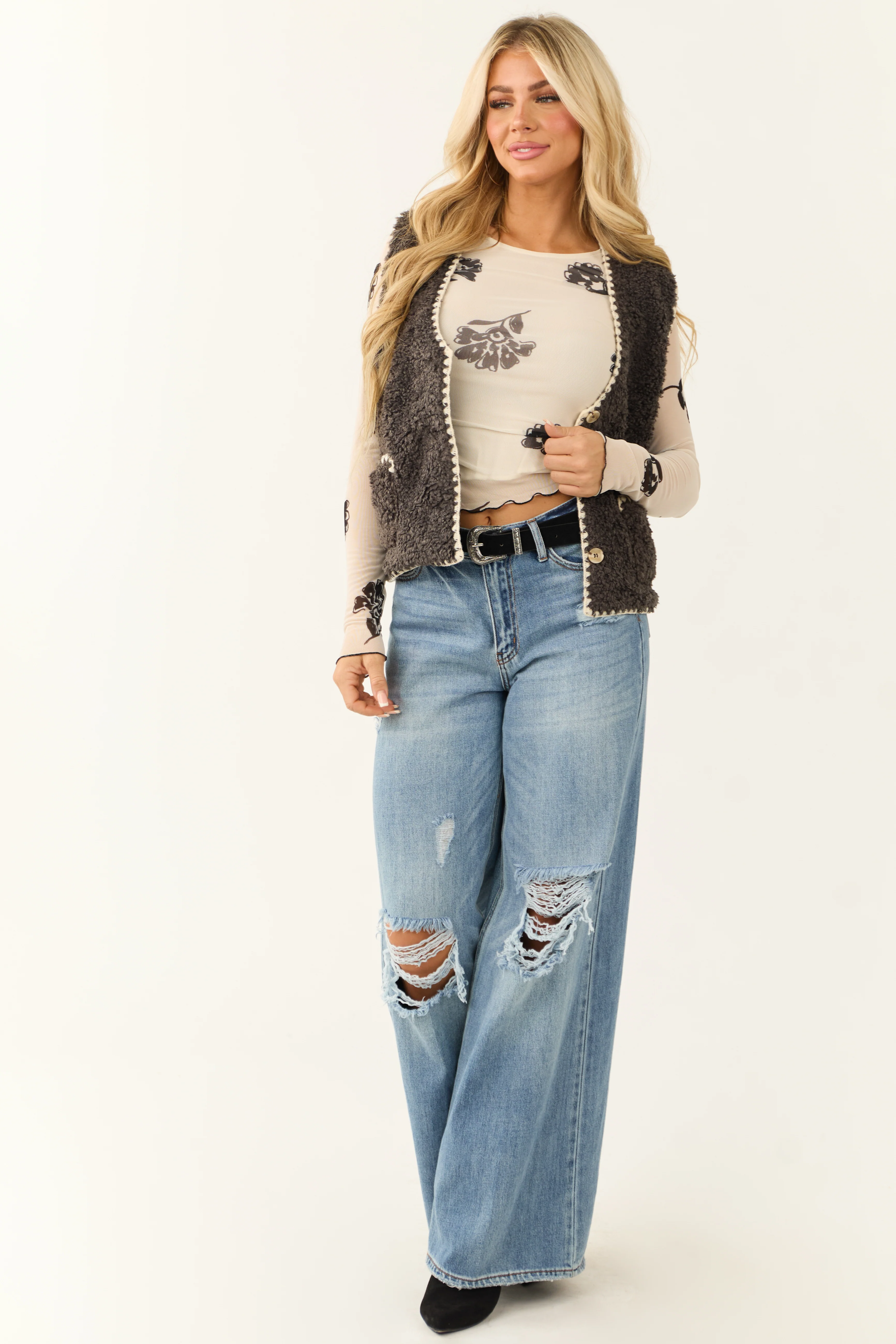 Charcoal Faux Fur Contrast Stitch Trim Vest - Image 4