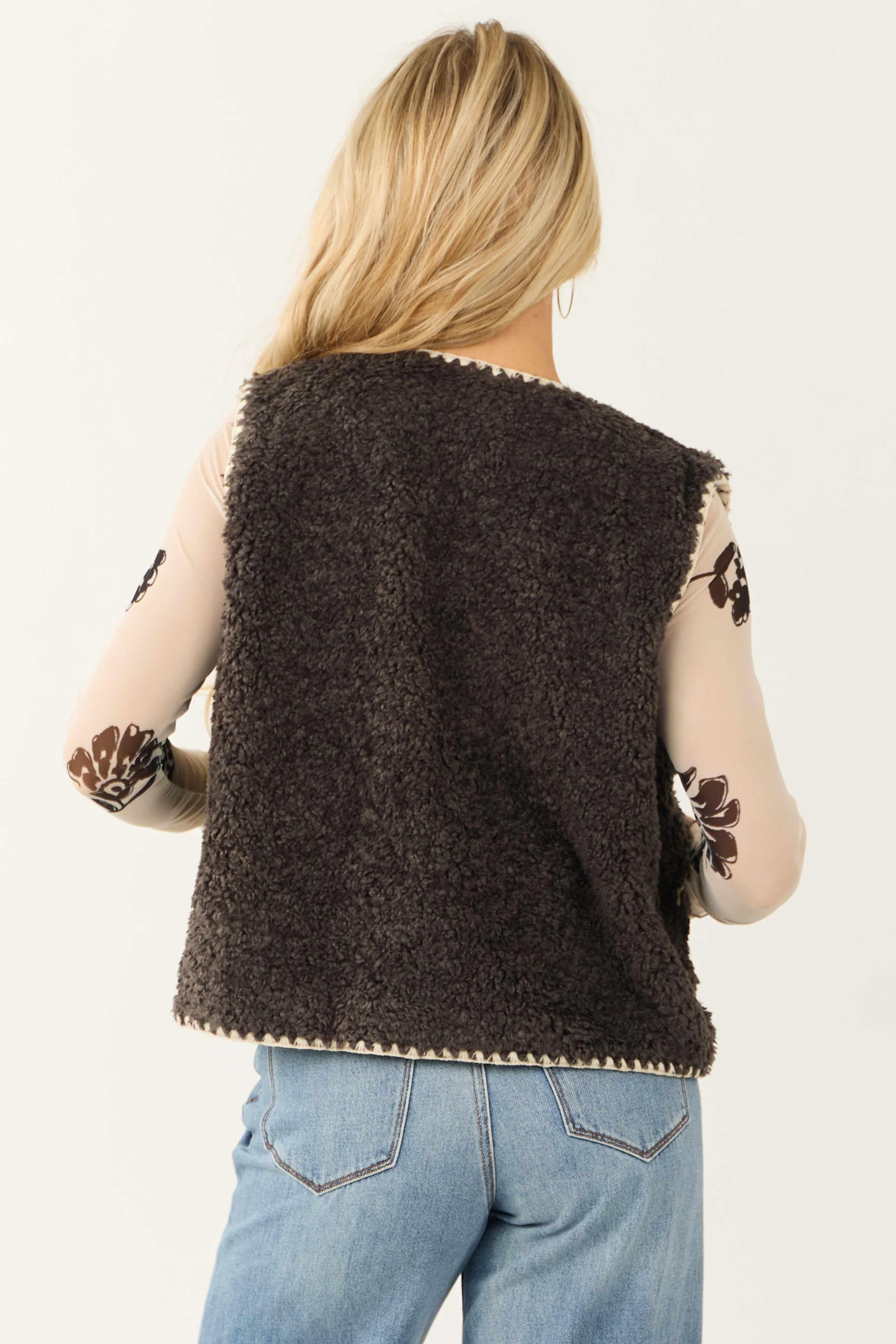 Charcoal Faux Fur Contrast Stitch Trim Vest - Image 6