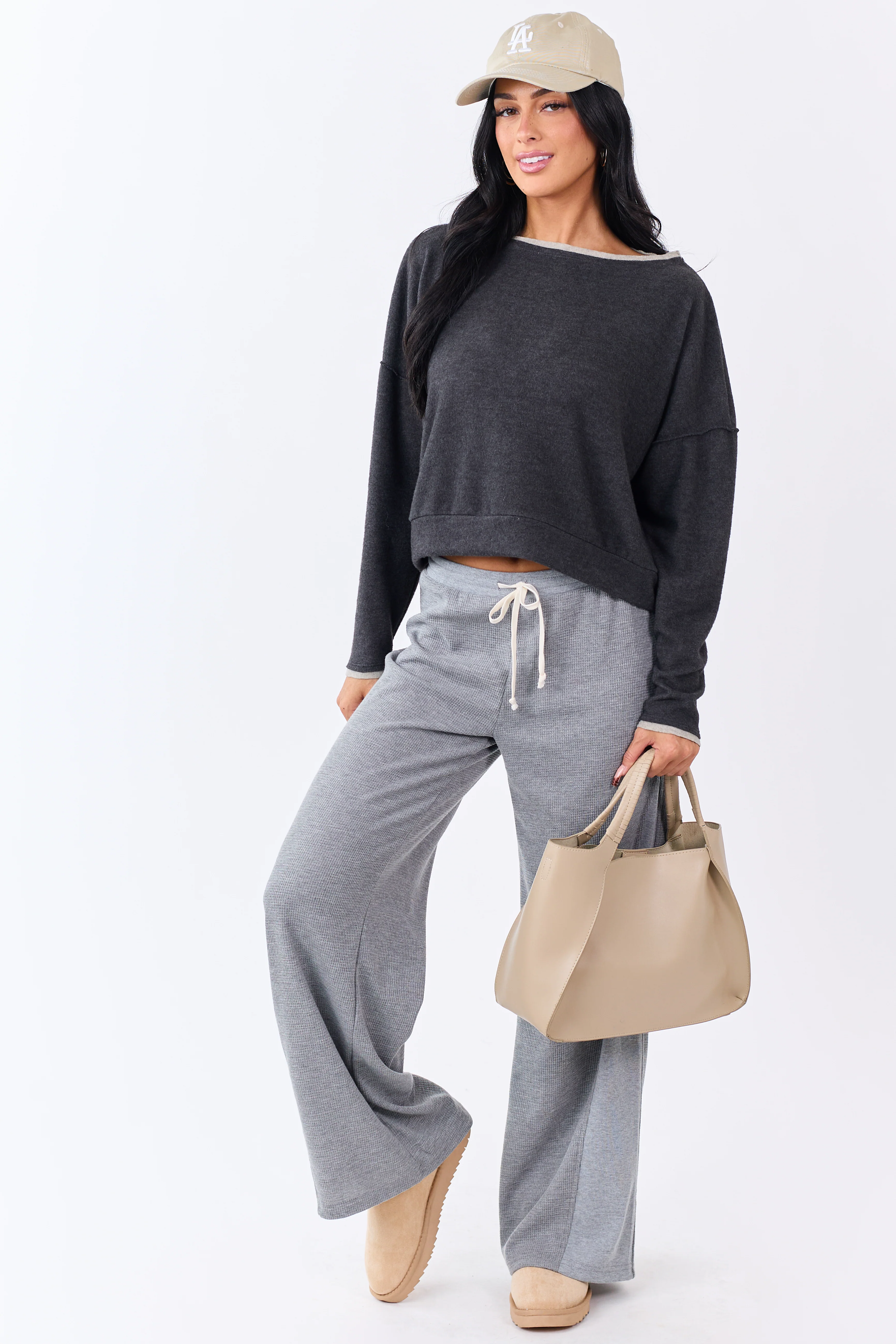 Charcoal Fleece Contrast Trim Long Sleeve Top - Image 5