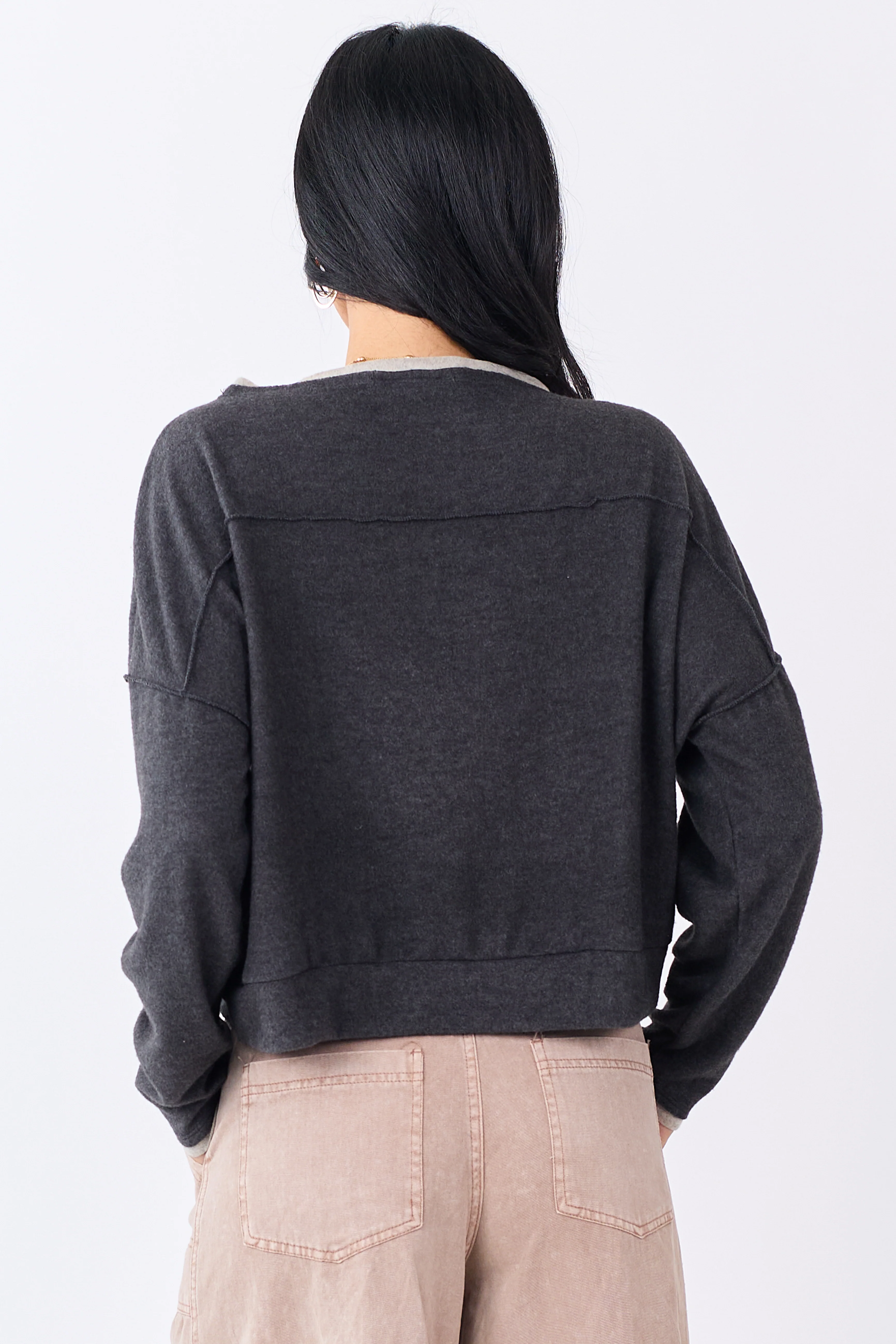 Charcoal Fleece Contrast Trim Long Sleeve Top - Image 7
