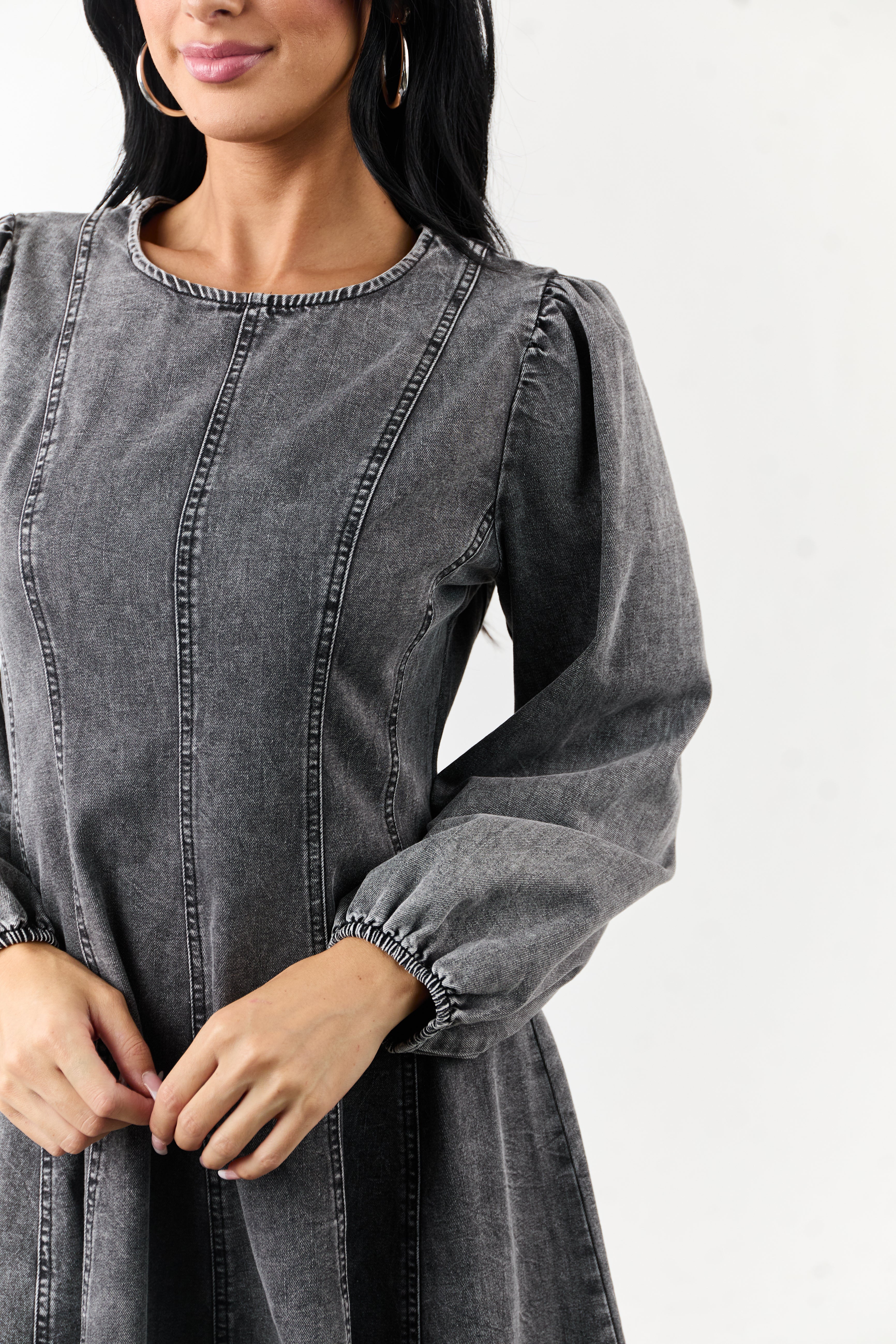 Charcoal Mineral Wash Denim Long Sleeve Mini Dress - Image 6