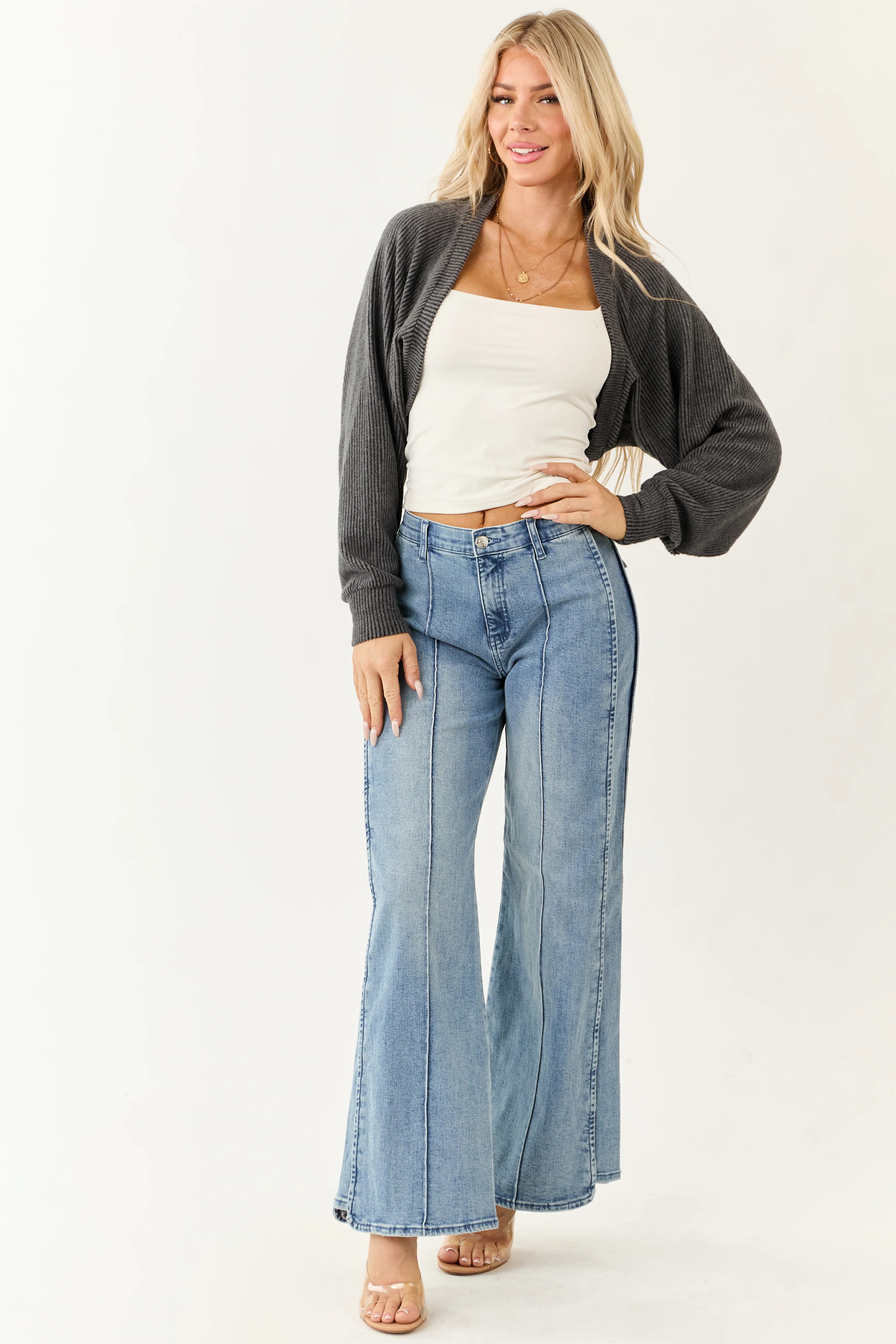 Charcoal Open Front Soft Ribbed Shrug Cardigan - Image 2