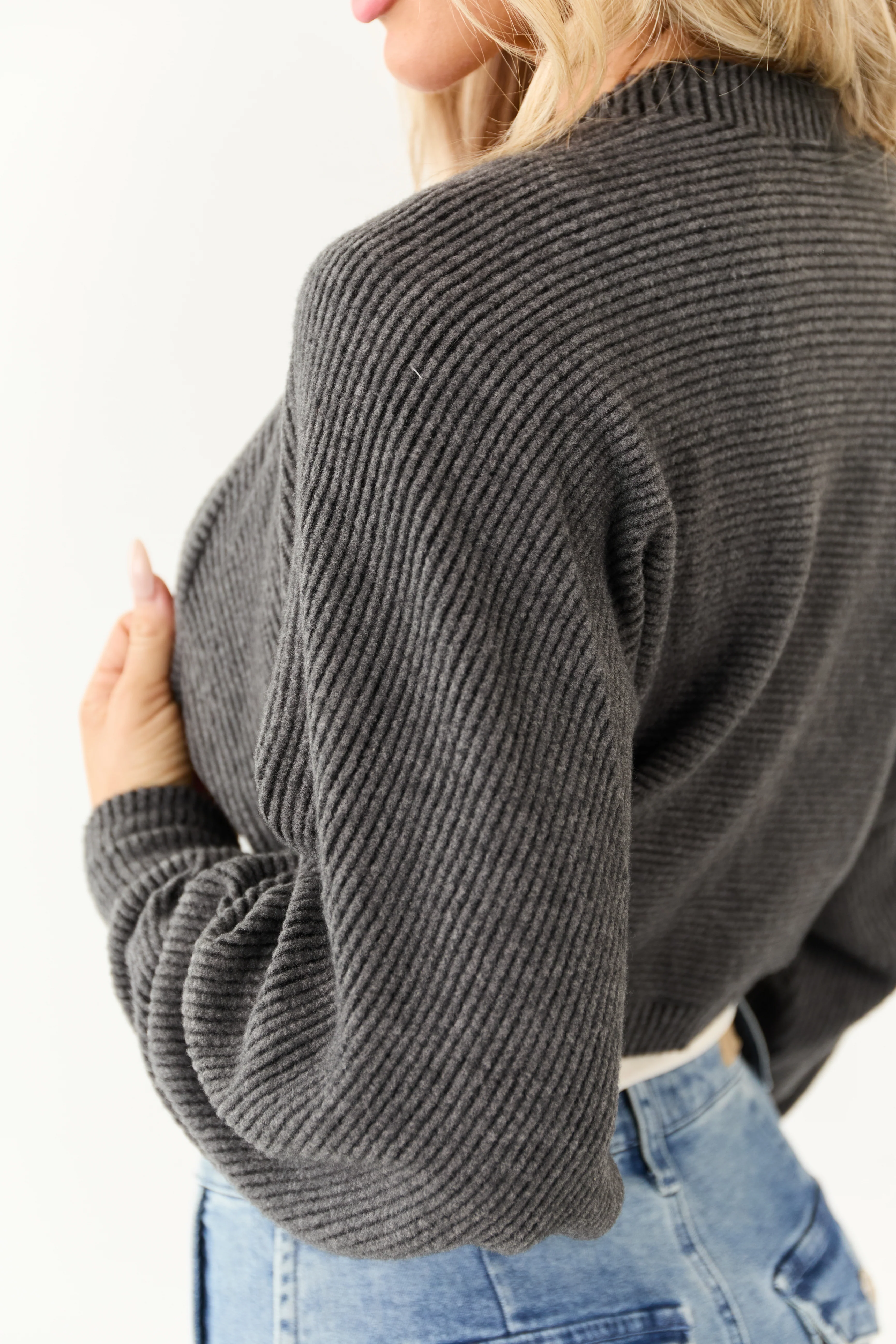 Charcoal Open Front Soft Ribbed Shrug Cardigan - Image 6