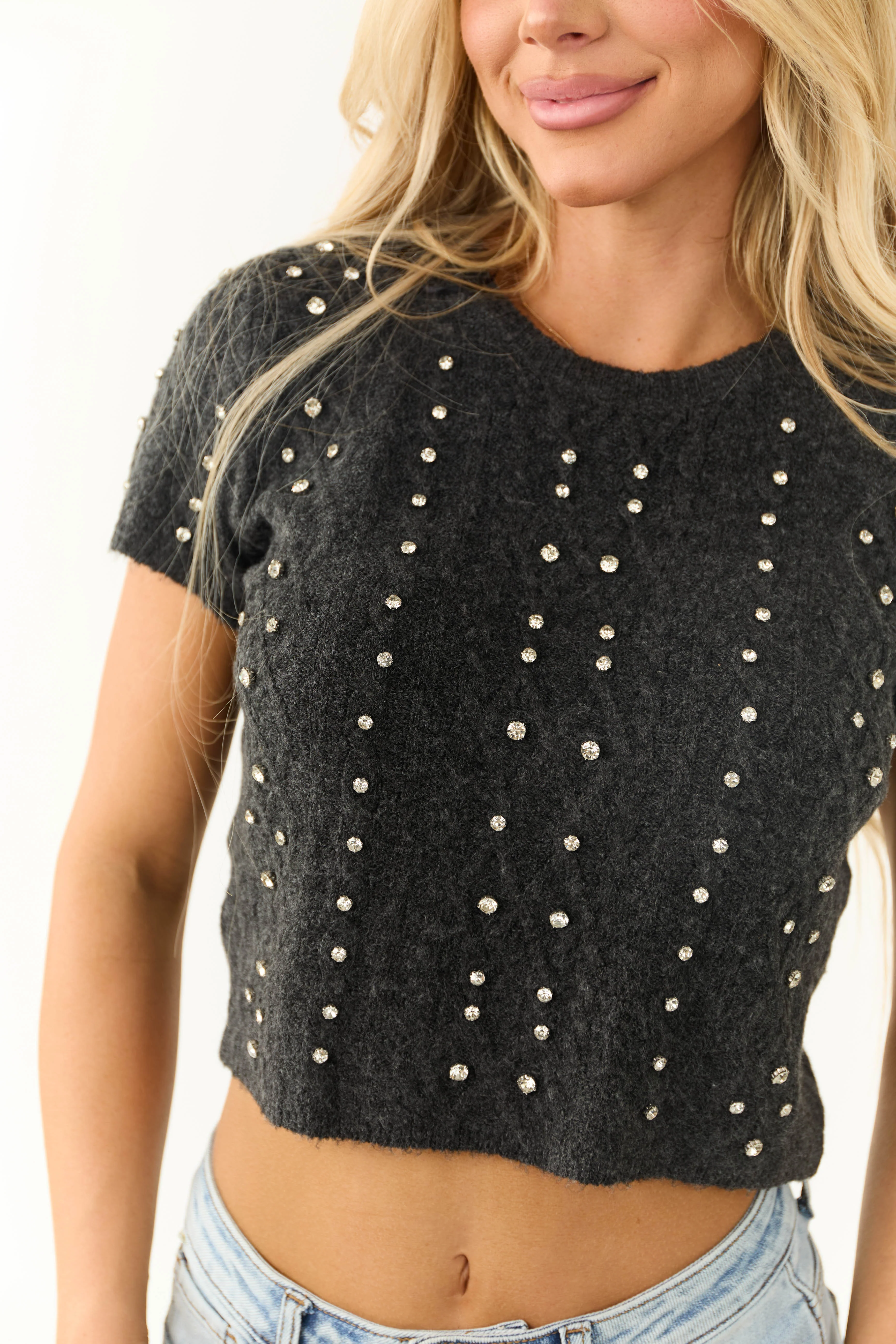 Charcoal Rhinestone Detail Crop Sweater Top - Image 6