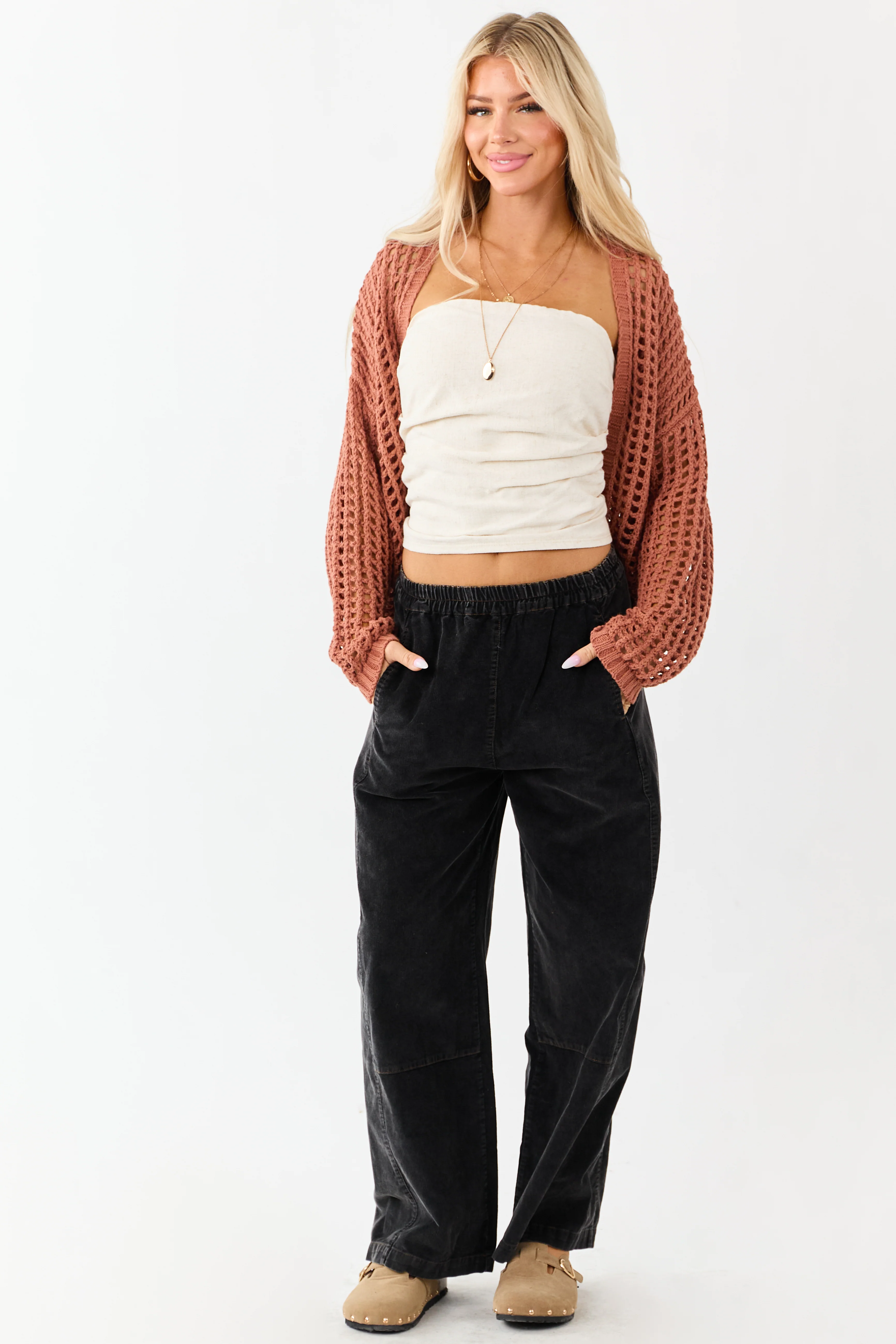 Charcoal Stone Washed Corduroy Wide Leg Pants
