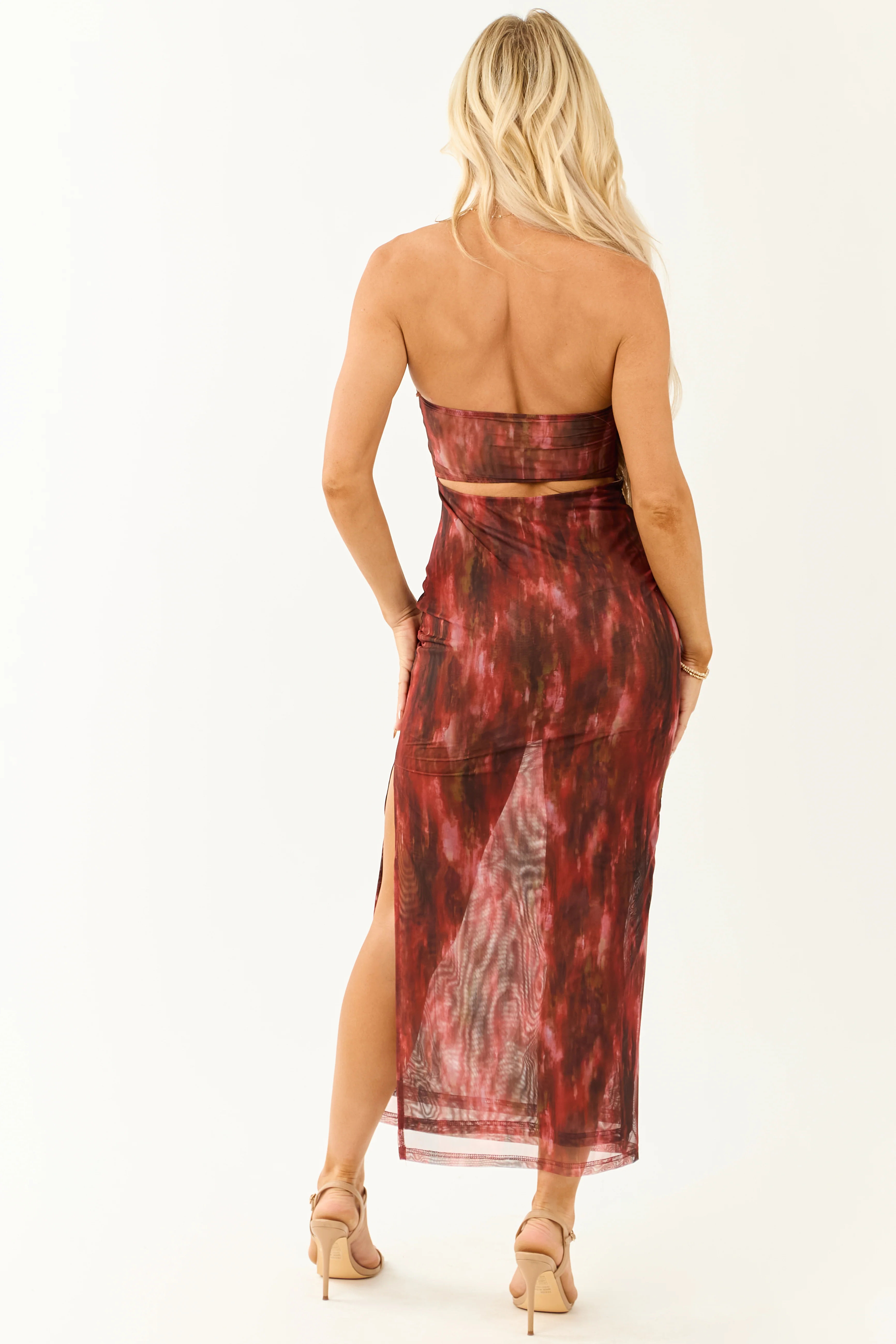 Cherry Abstract Print Mesh Strapless Midi Dress - Image 5