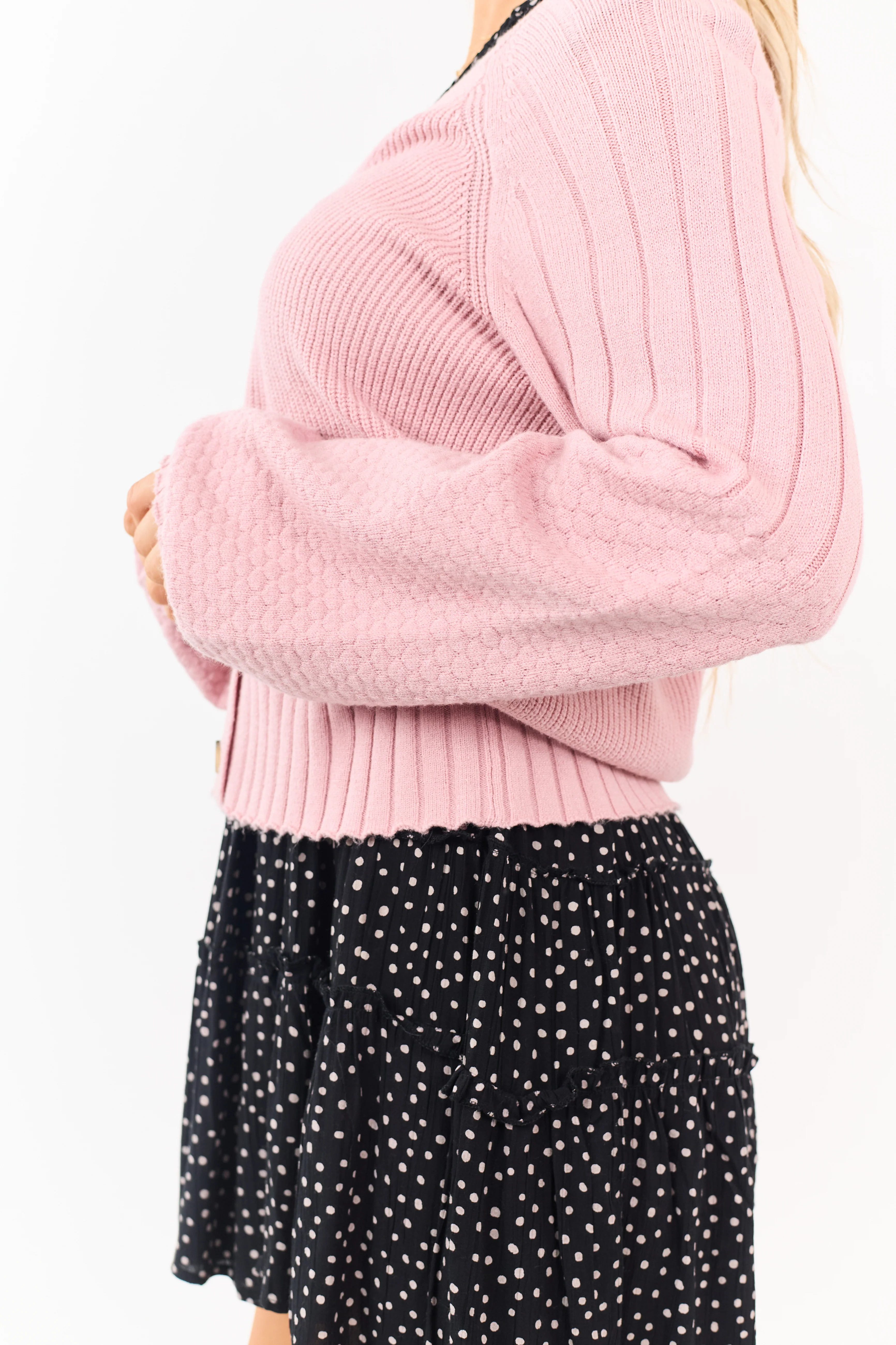 Cherry Blossom Button Down Rib Knit Cardigan - Image 8