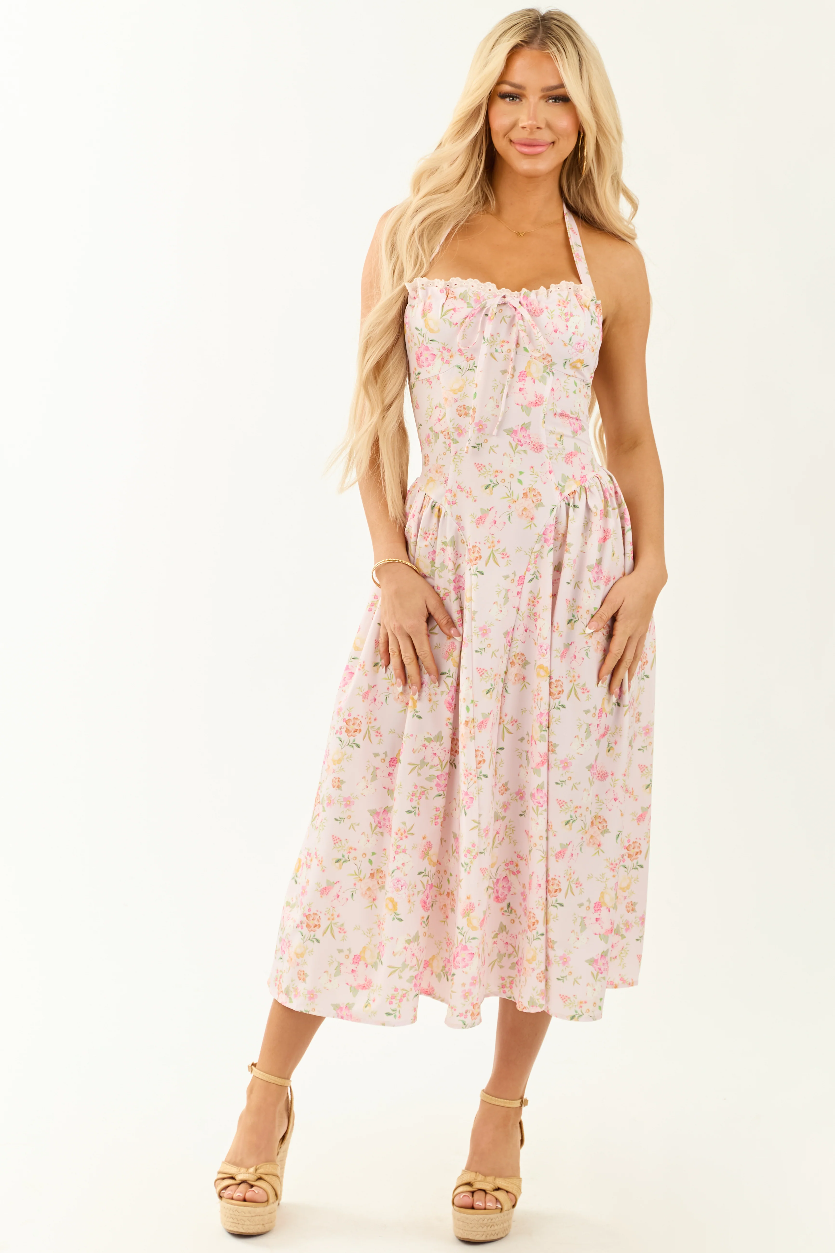 Cherry Blossom Floral Print Halter Neck Midi Dress