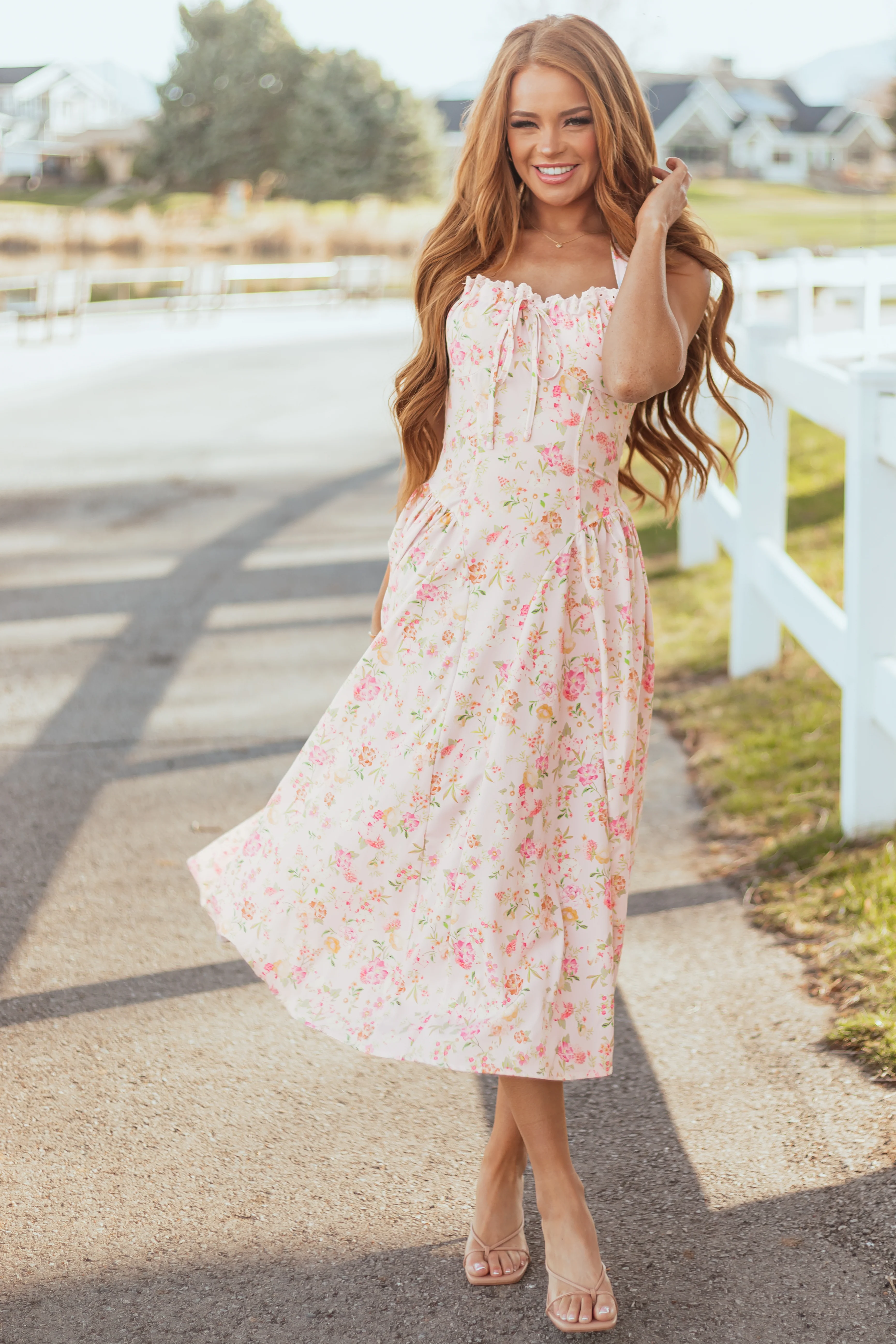 Cherry Blossom Floral Print Halter Neck Midi Dress - Image 3