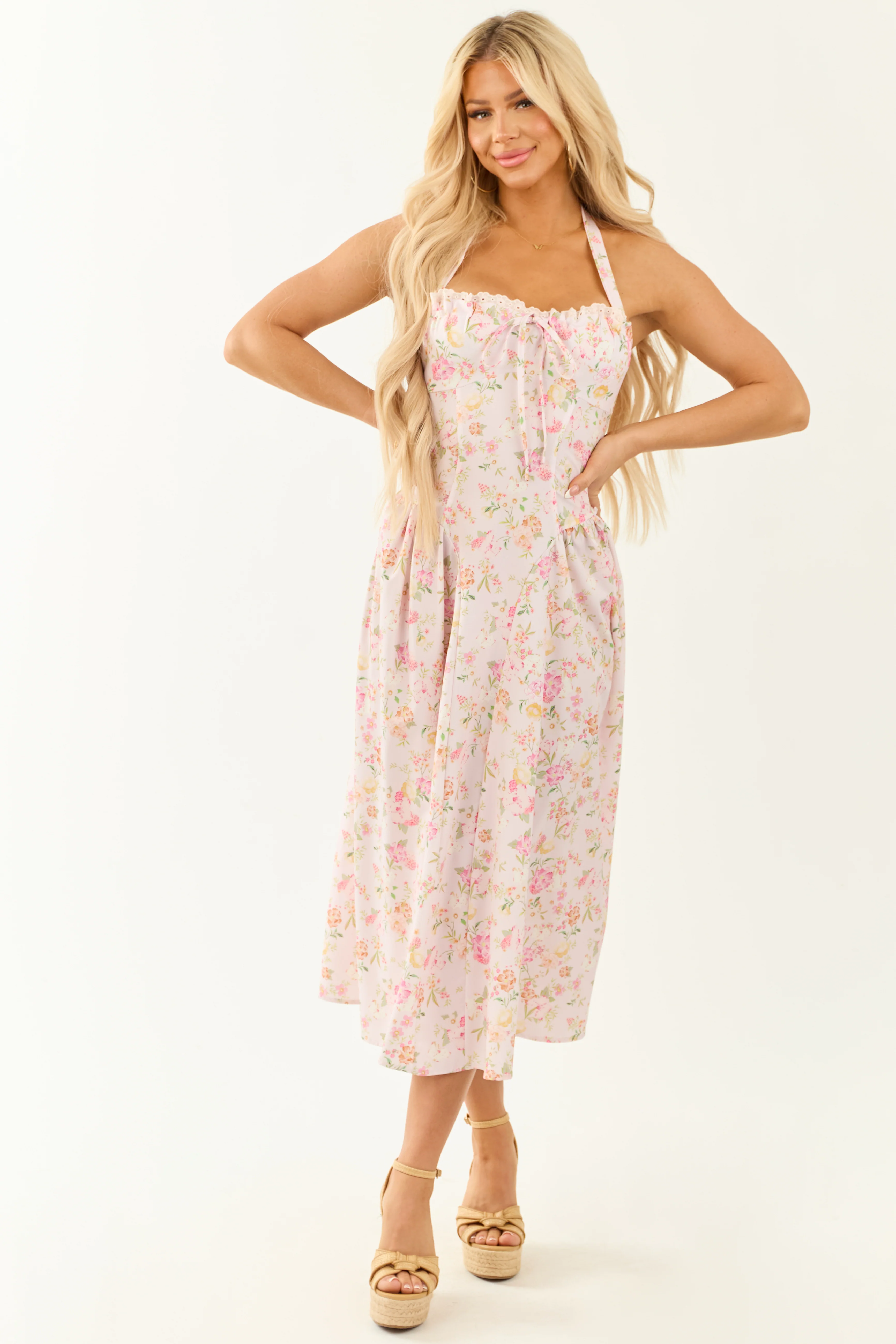 Cherry Blossom Floral Print Halter Neck Midi Dress - Image 4