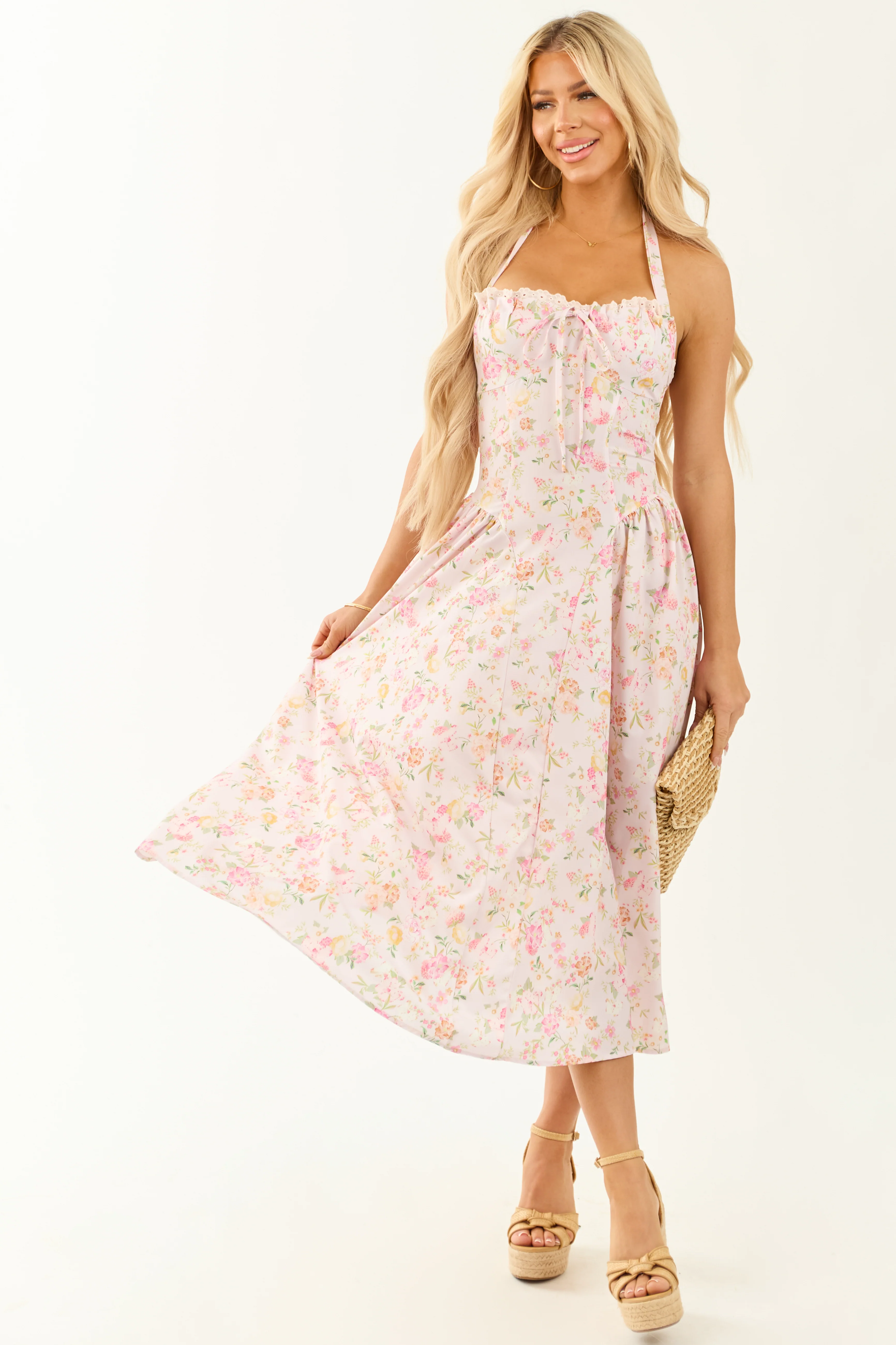 Cherry Blossom Floral Print Halter Neck Midi Dress - Image 5