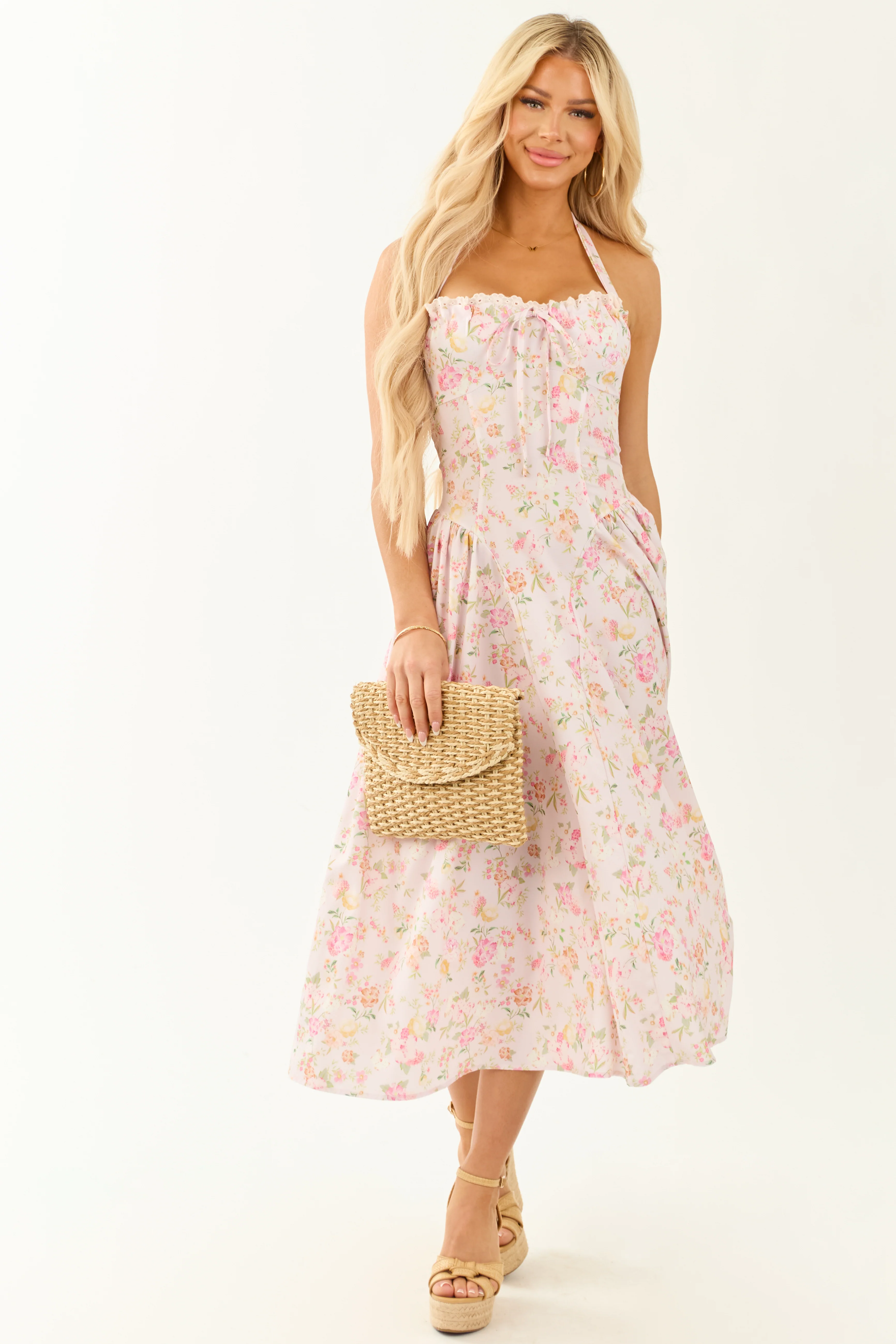 Cherry Blossom Floral Print Halter Neck Midi Dress - Image 6