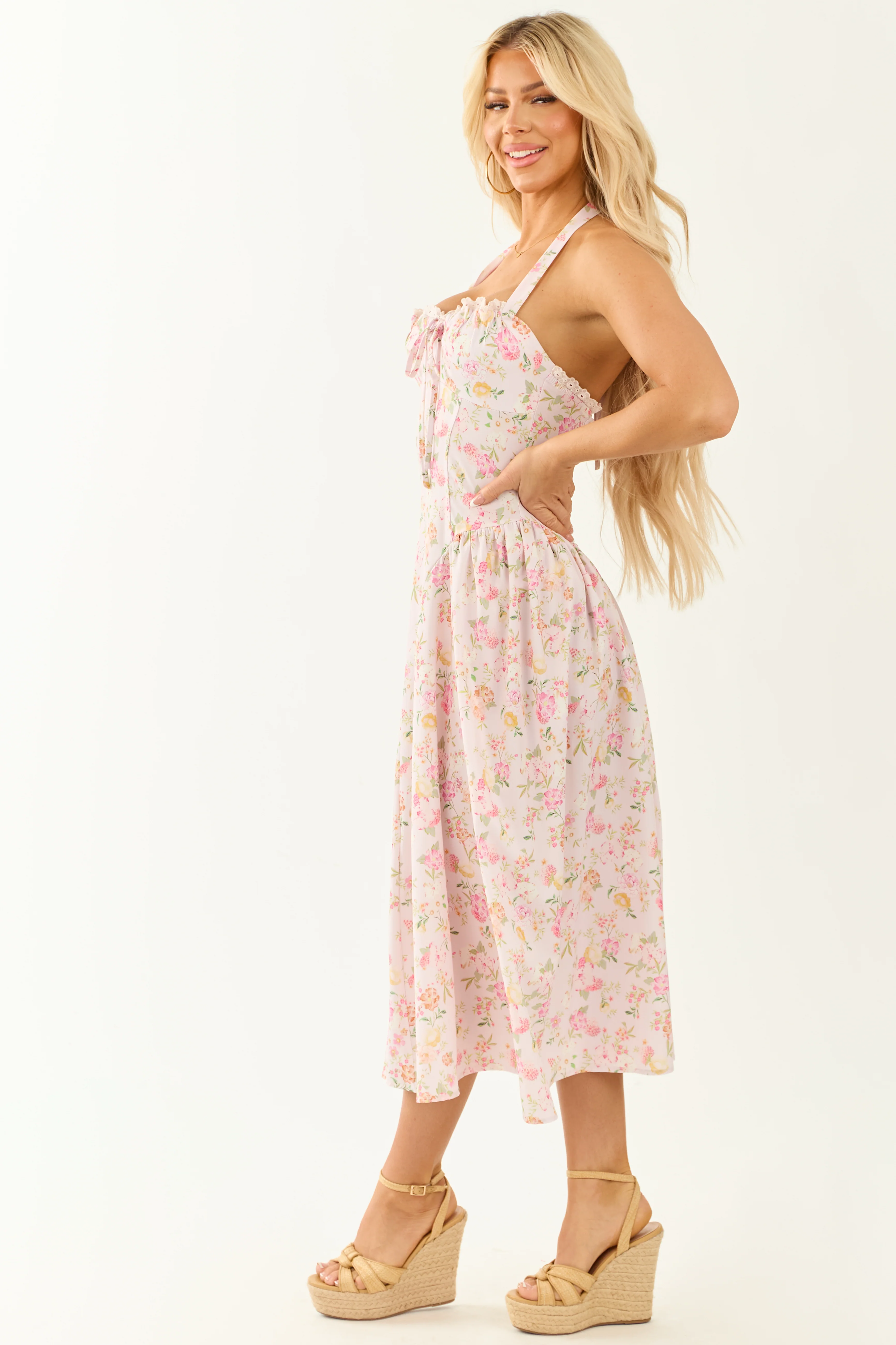 Cherry Blossom Floral Print Halter Neck Midi Dress - Image 7