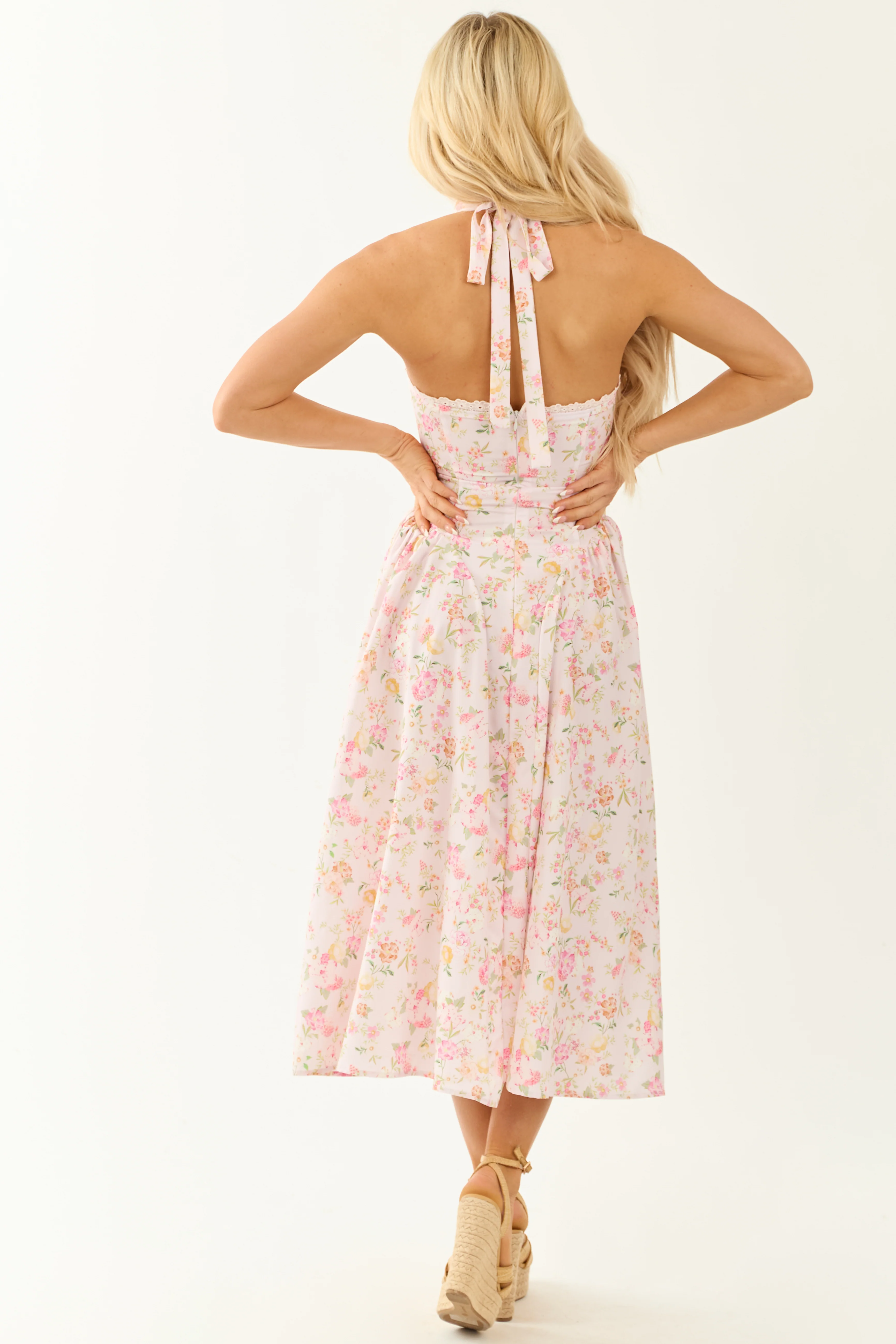 Cherry Blossom Floral Print Halter Neck Midi Dress - Image 8