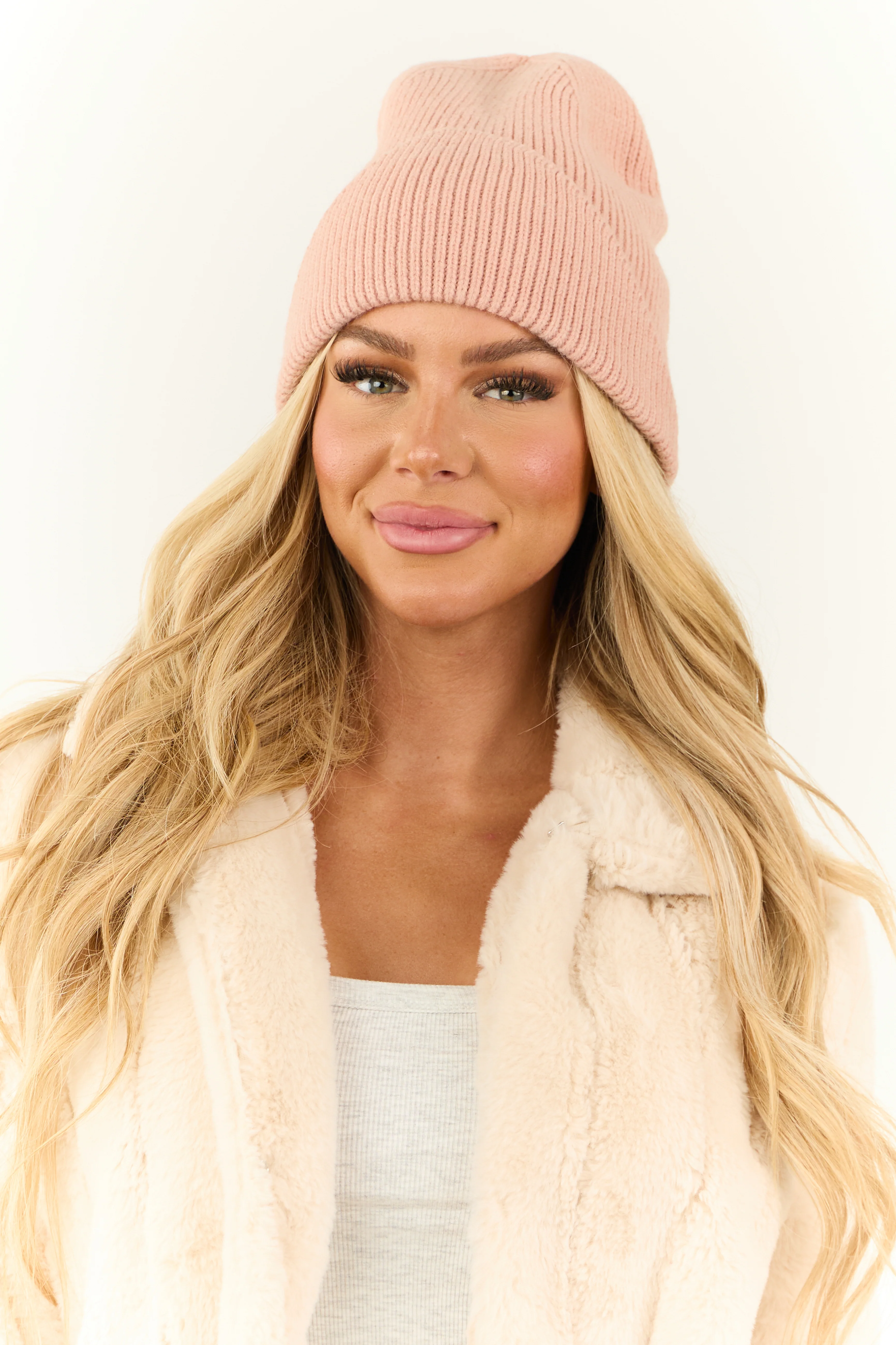 Cherry Blossom Front Fold Ribbed Knit Beanie - Image 2