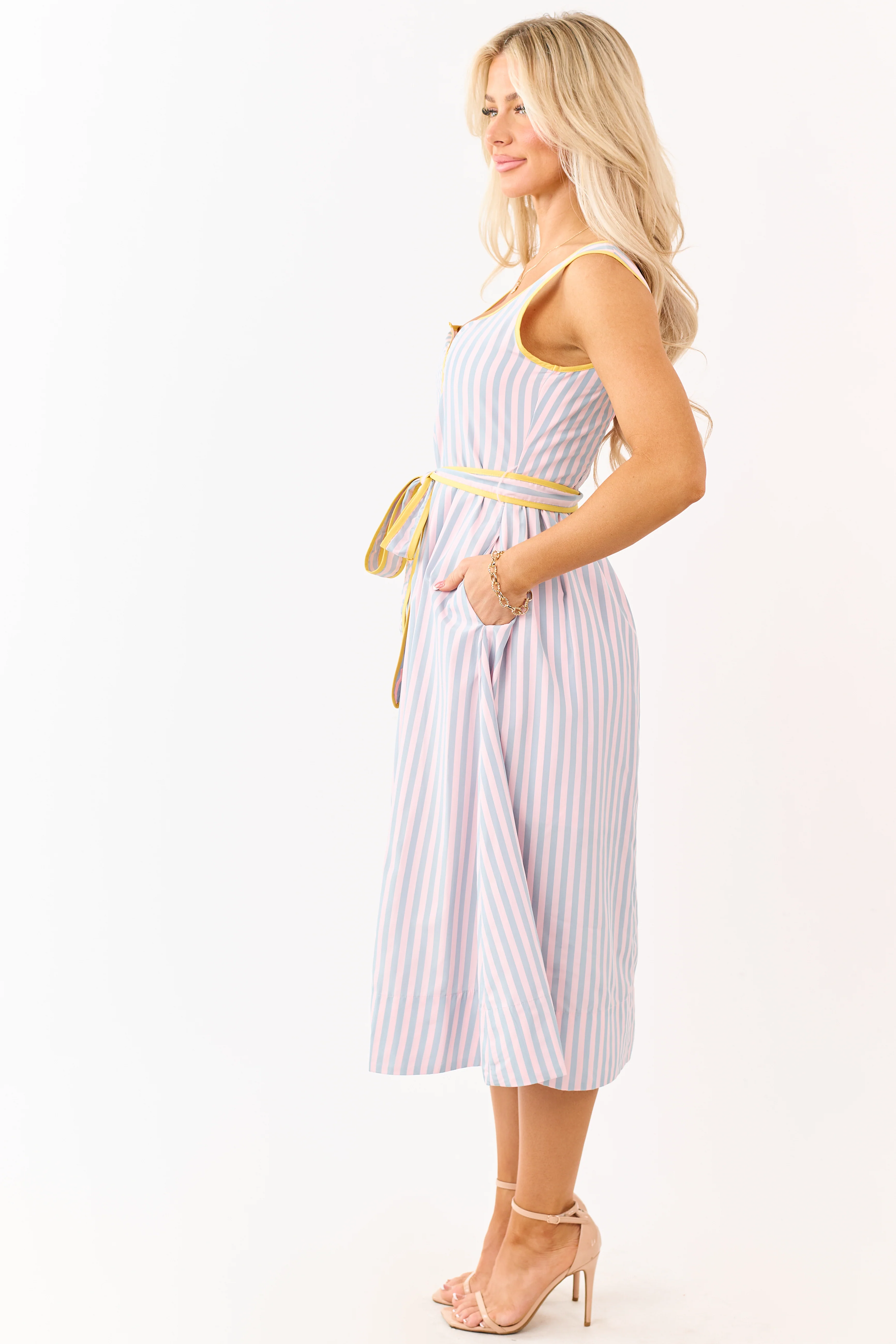 Cherry Blossom Striped Notch Neck Waist Tie Midi Dress - Image 5