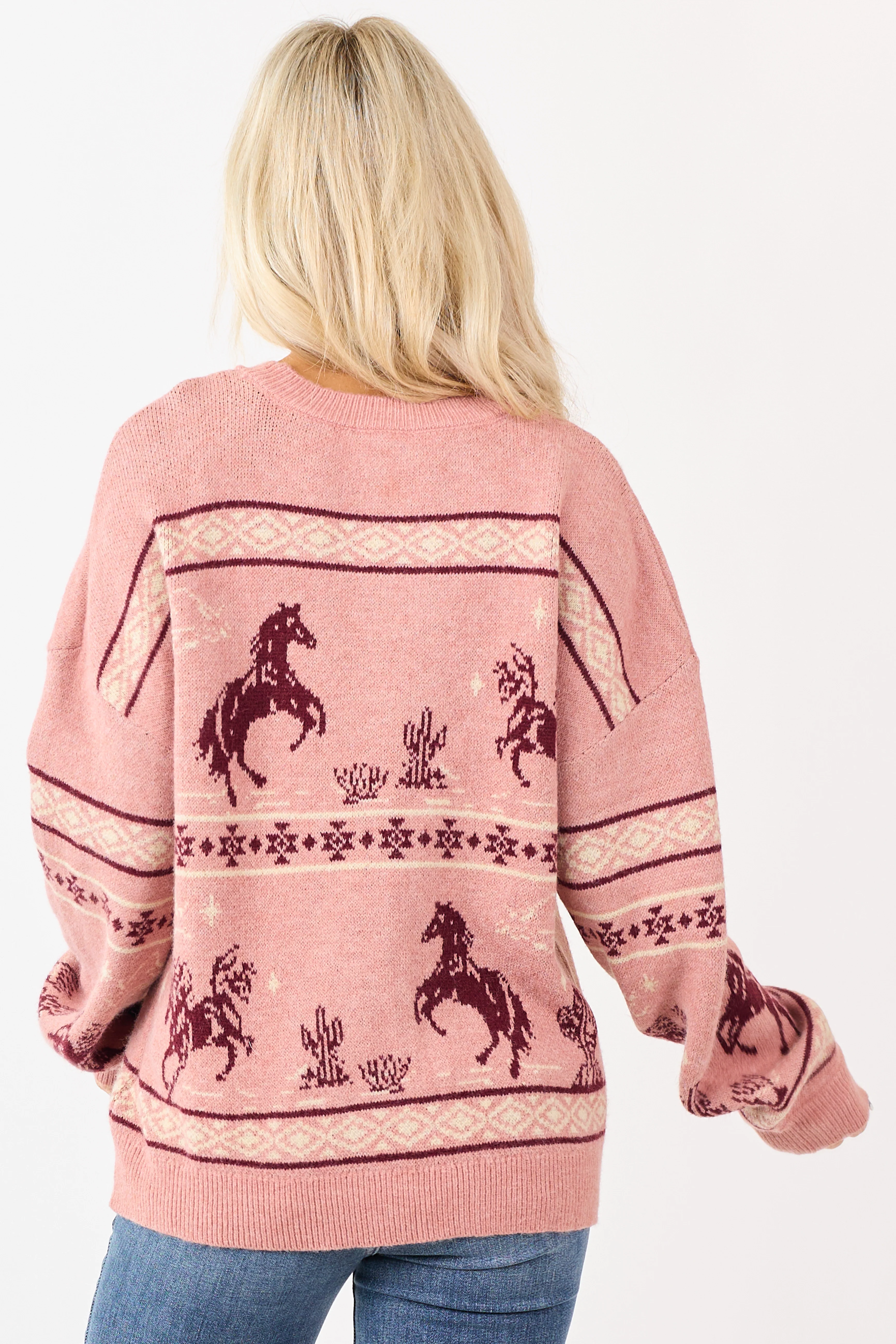 Cherry Blossom Western Print Crew Neck Knit Sweater - Image 5