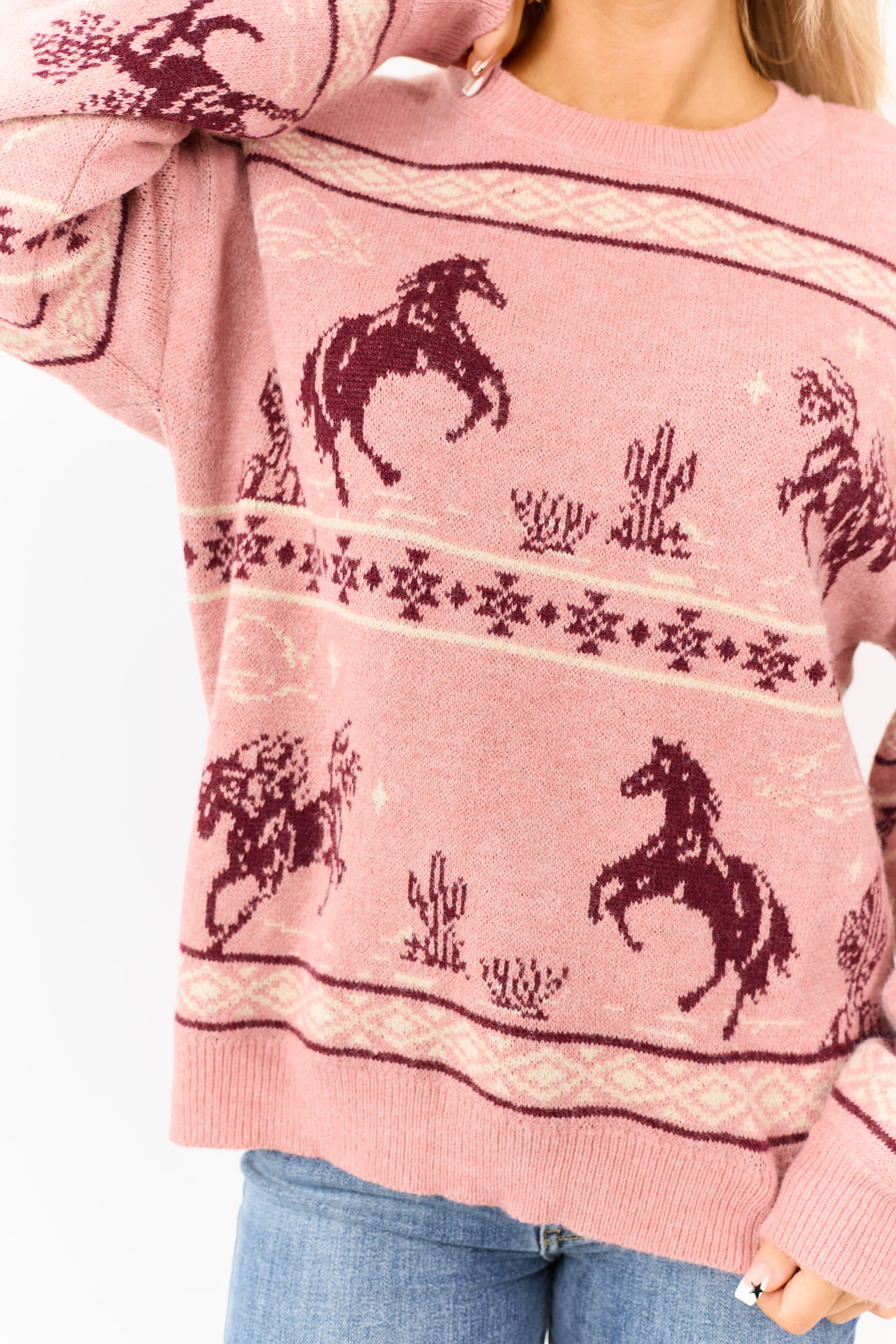 Cherry Blossom Western Print Crew Neck Knit Sweater - Image 6