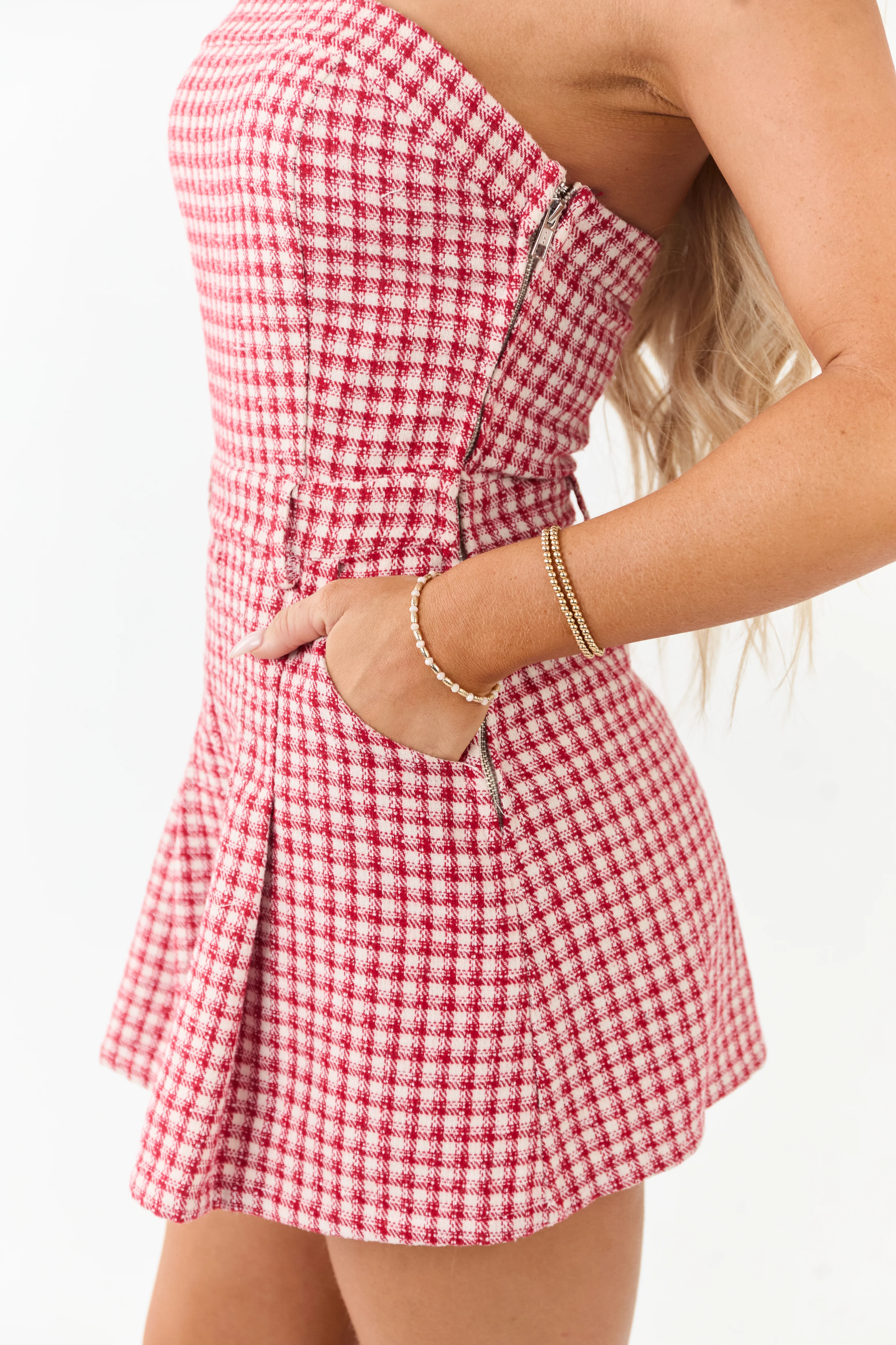 Cherry and Cream Plaid Strapless Romper - Image 2