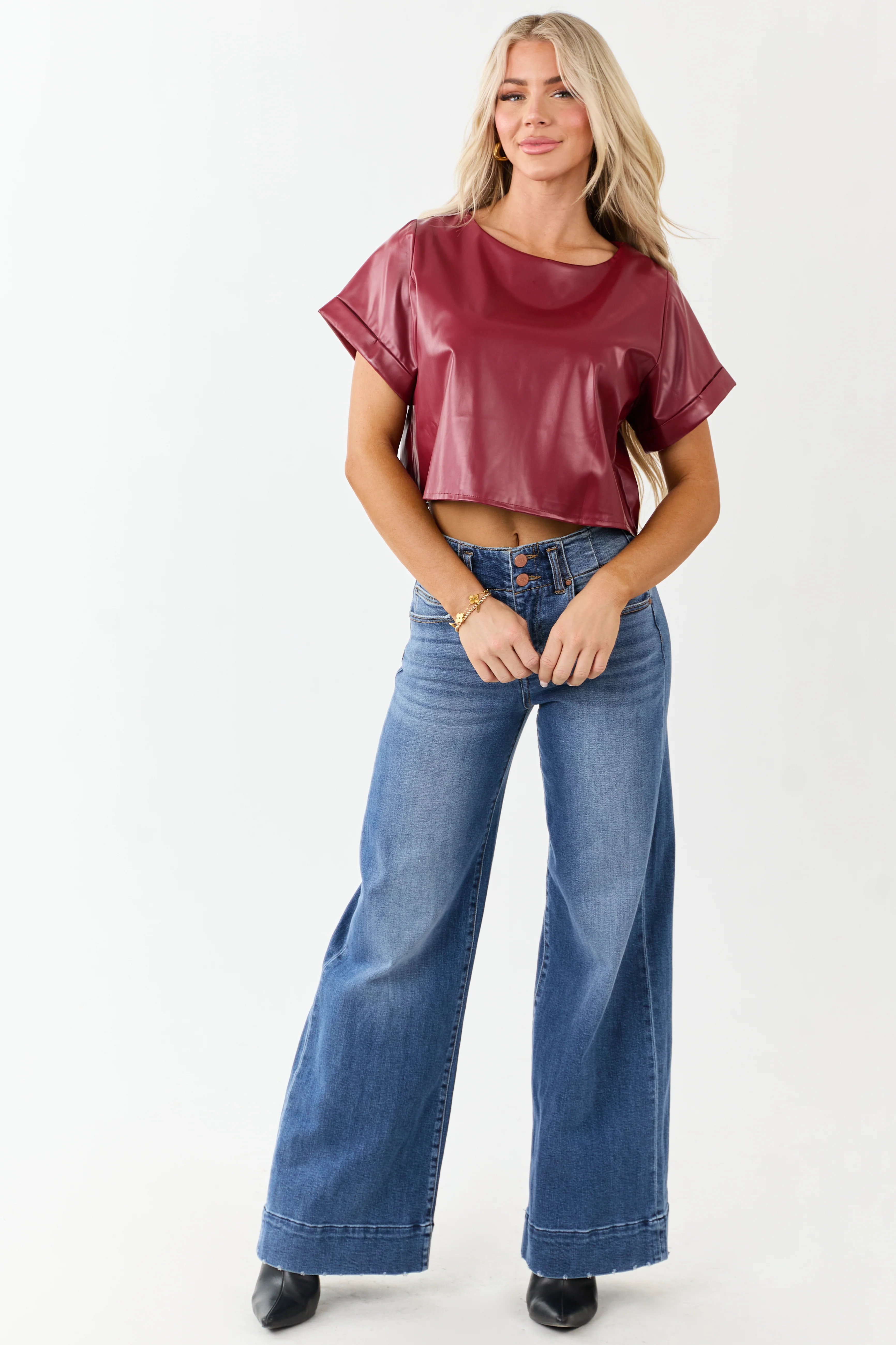 Cherry Faux Leather Boxy Fit Crop Top - Image 2