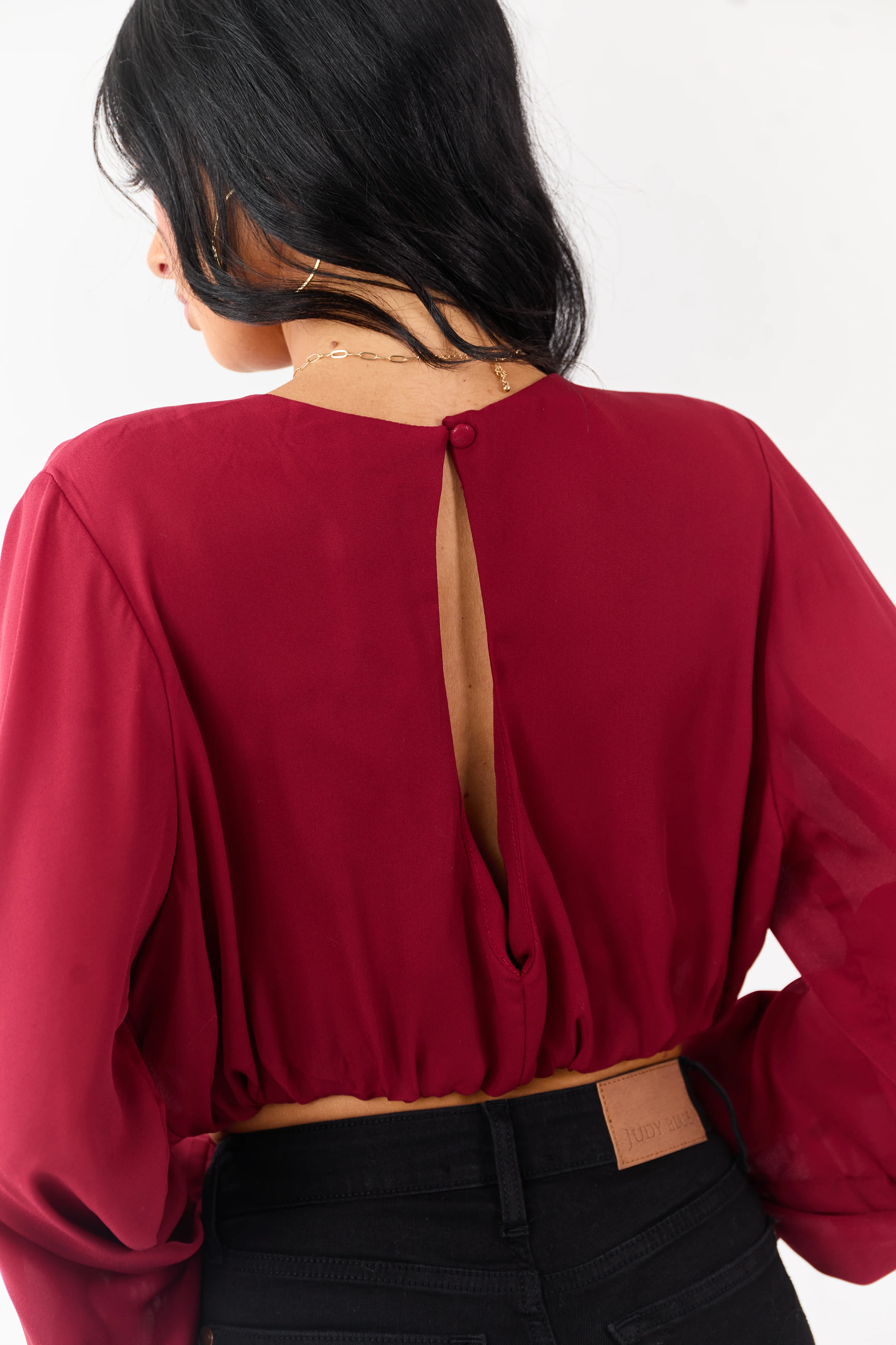 Cherry Long Puff Sleeve Bubble Hem Crop Top - Image 6