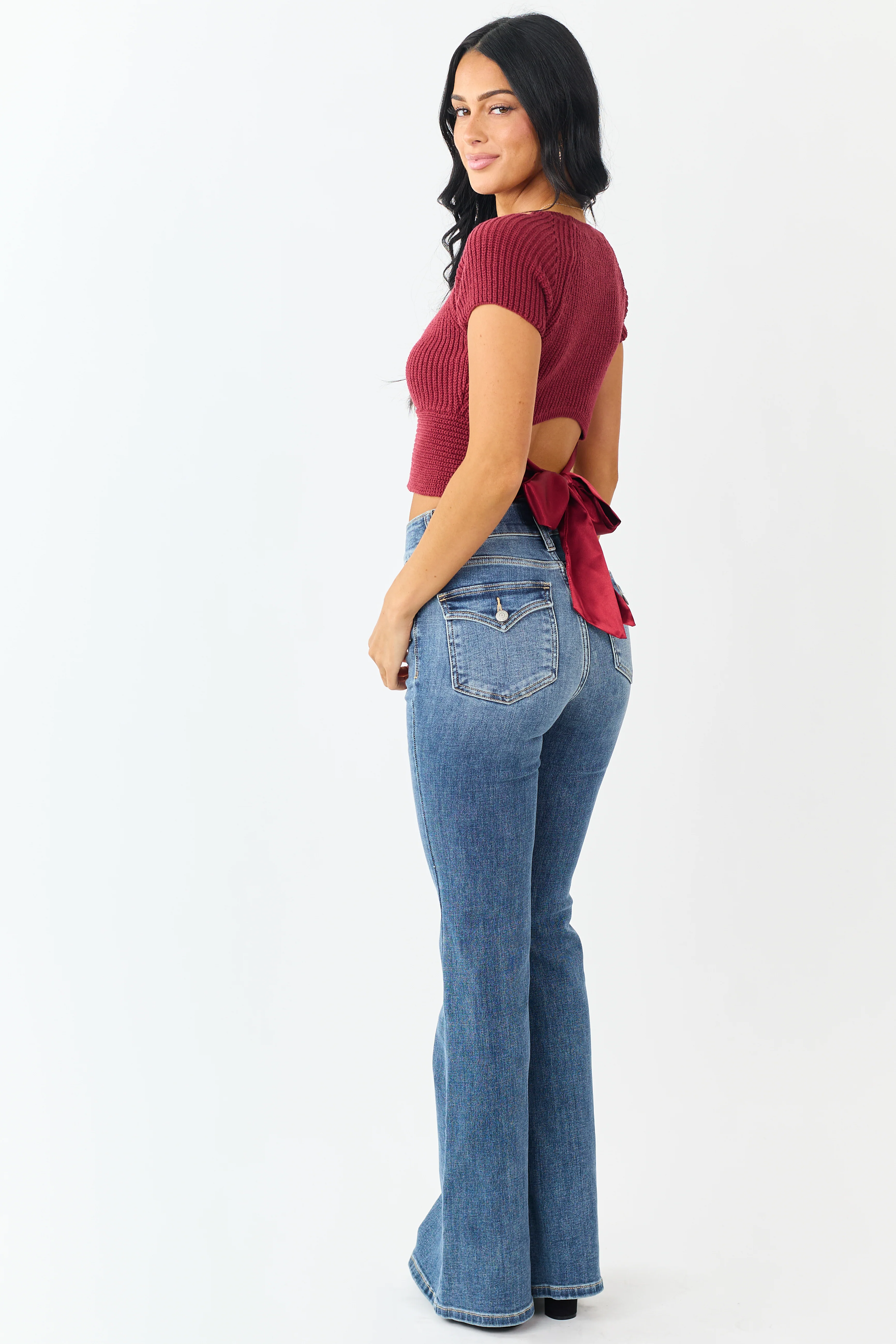 Cherry Rib Knit Back Tie Crop Sweater Top - Image 2