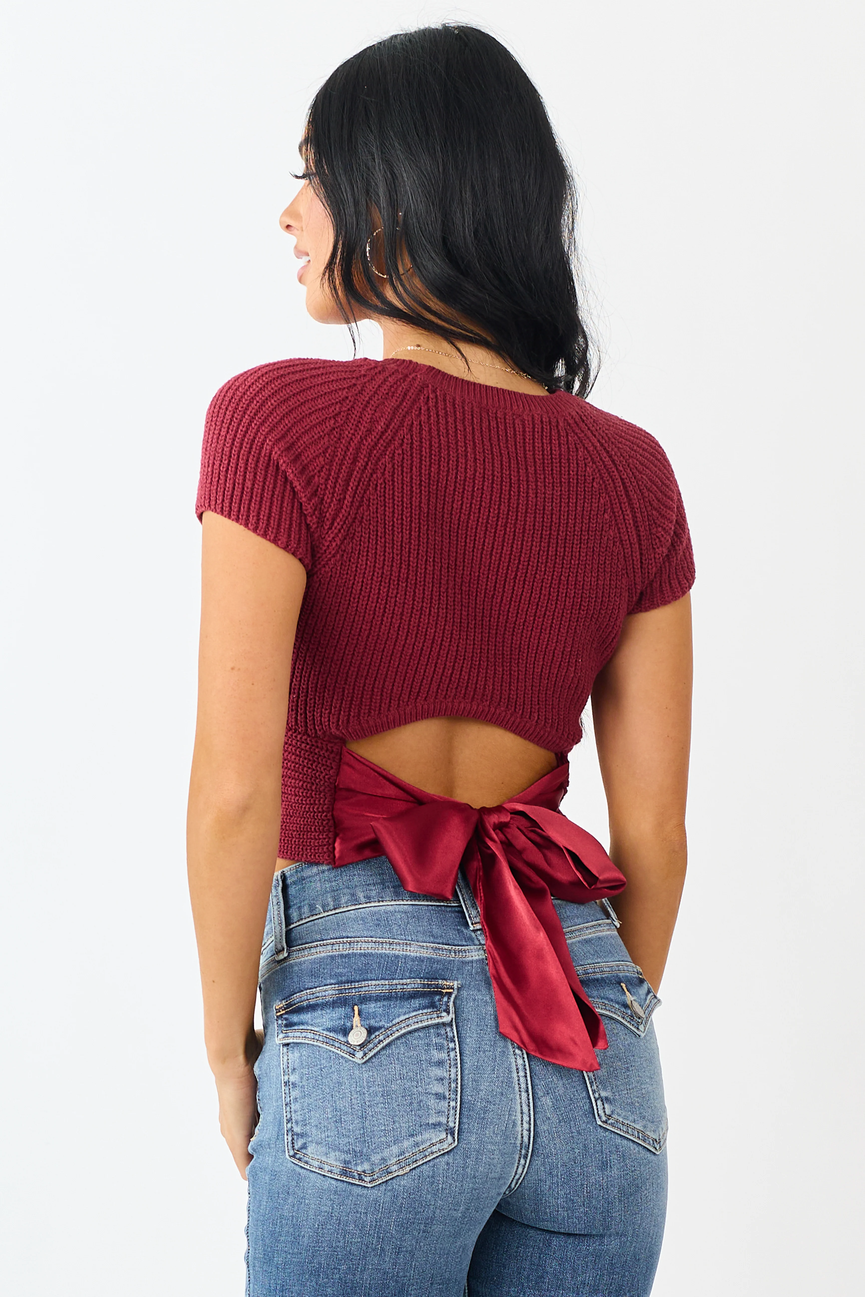 Cherry Rib Knit Back Tie Crop Sweater Top - Image 6