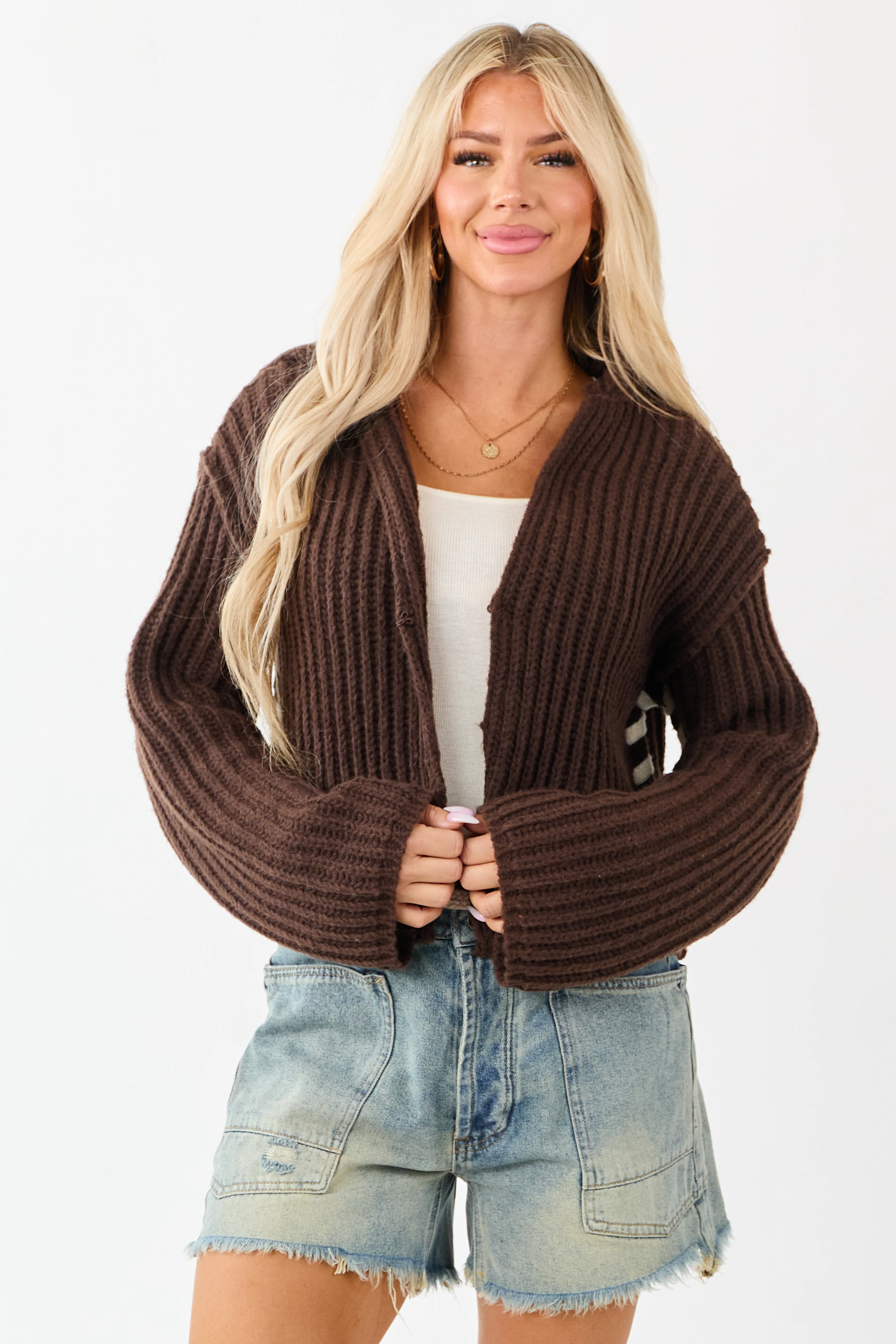 Chocolate Contrast Stitching Rib Knit Cardigan - Image 2