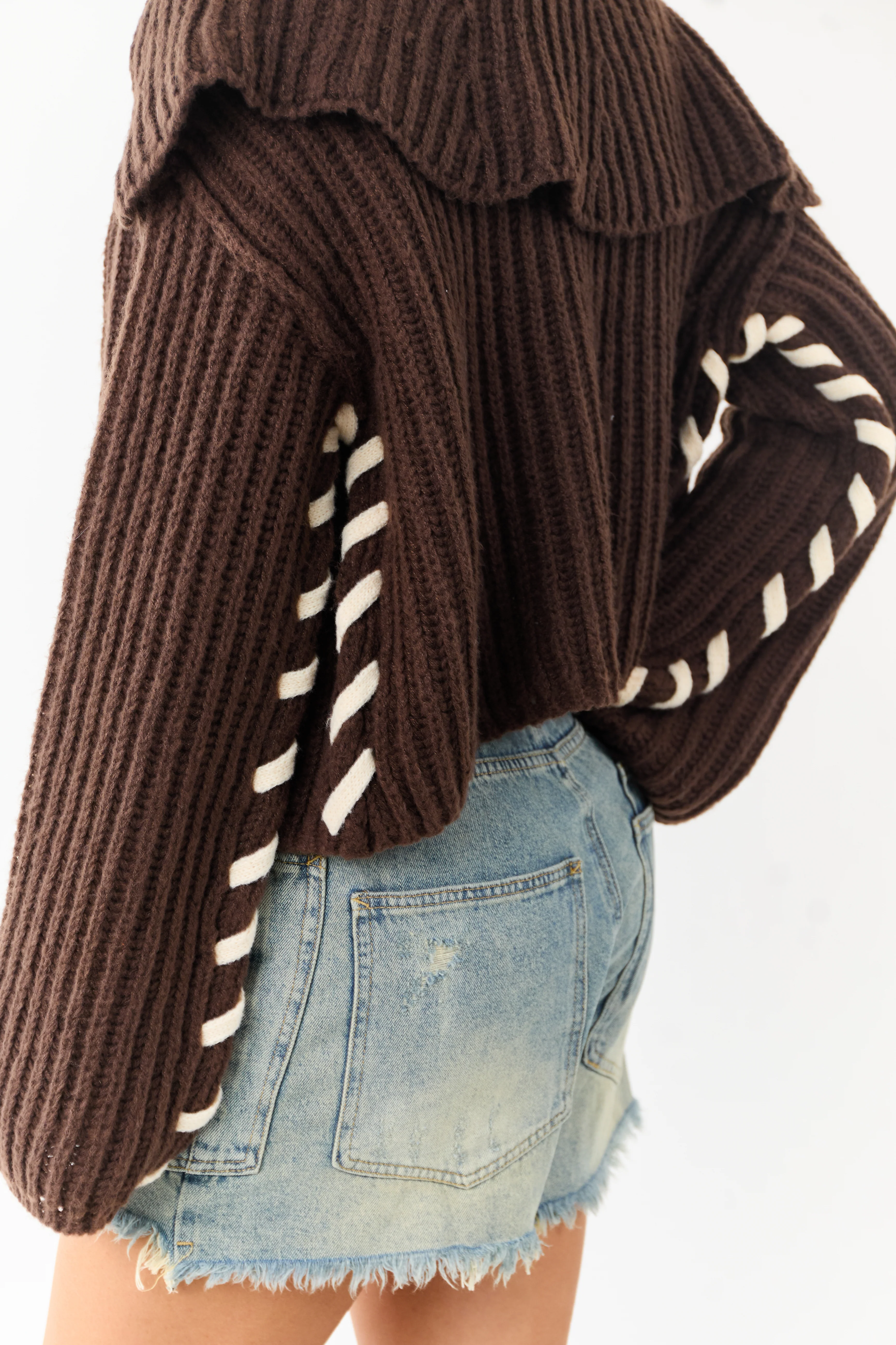 Chocolate Contrast Stitching Rib Knit Cardigan - Image 3