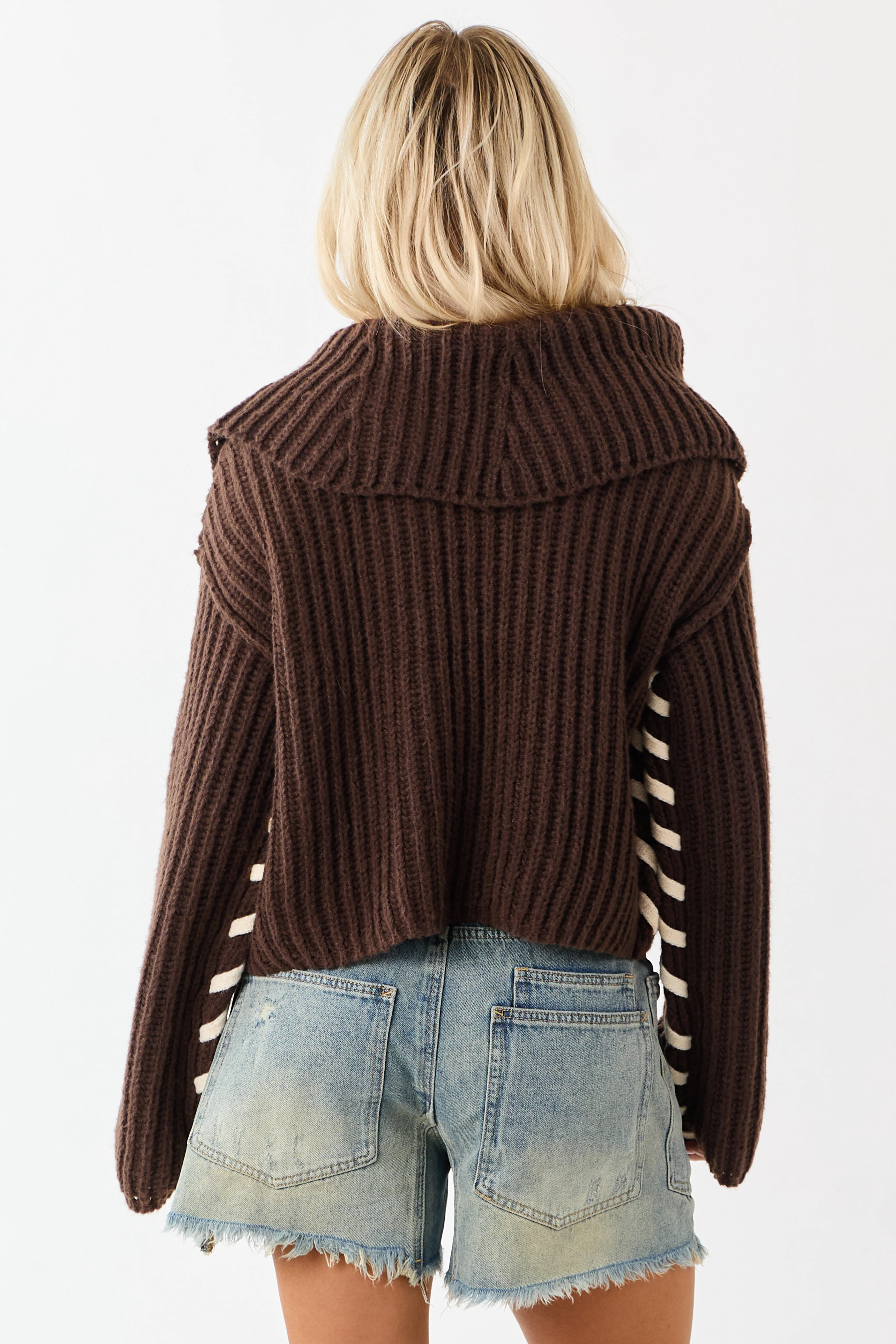 Chocolate Contrast Stitching Rib Knit Cardigan - Image 7