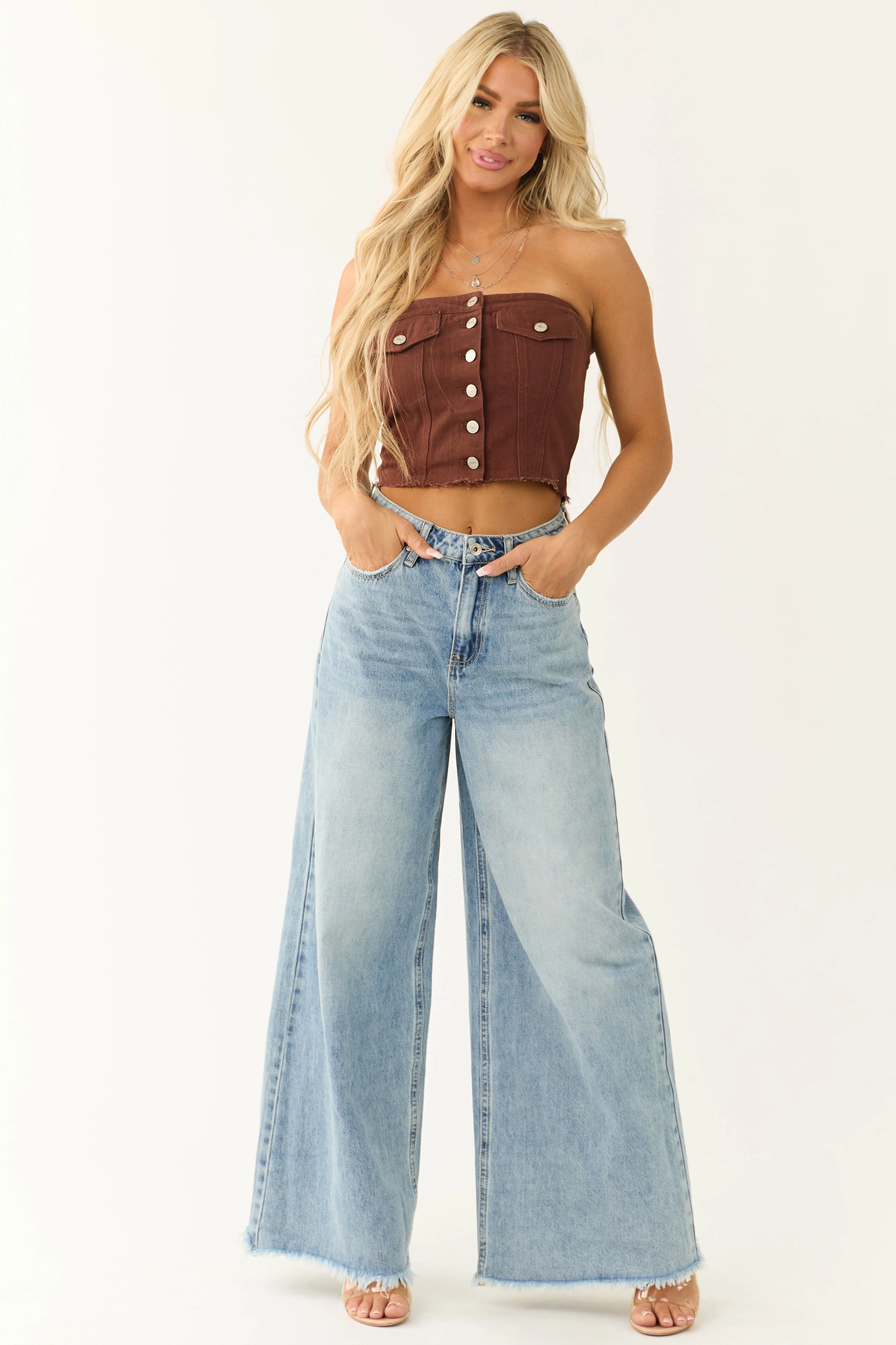 Chocolate Denim Strapless Button Up Corset Top - Image 2