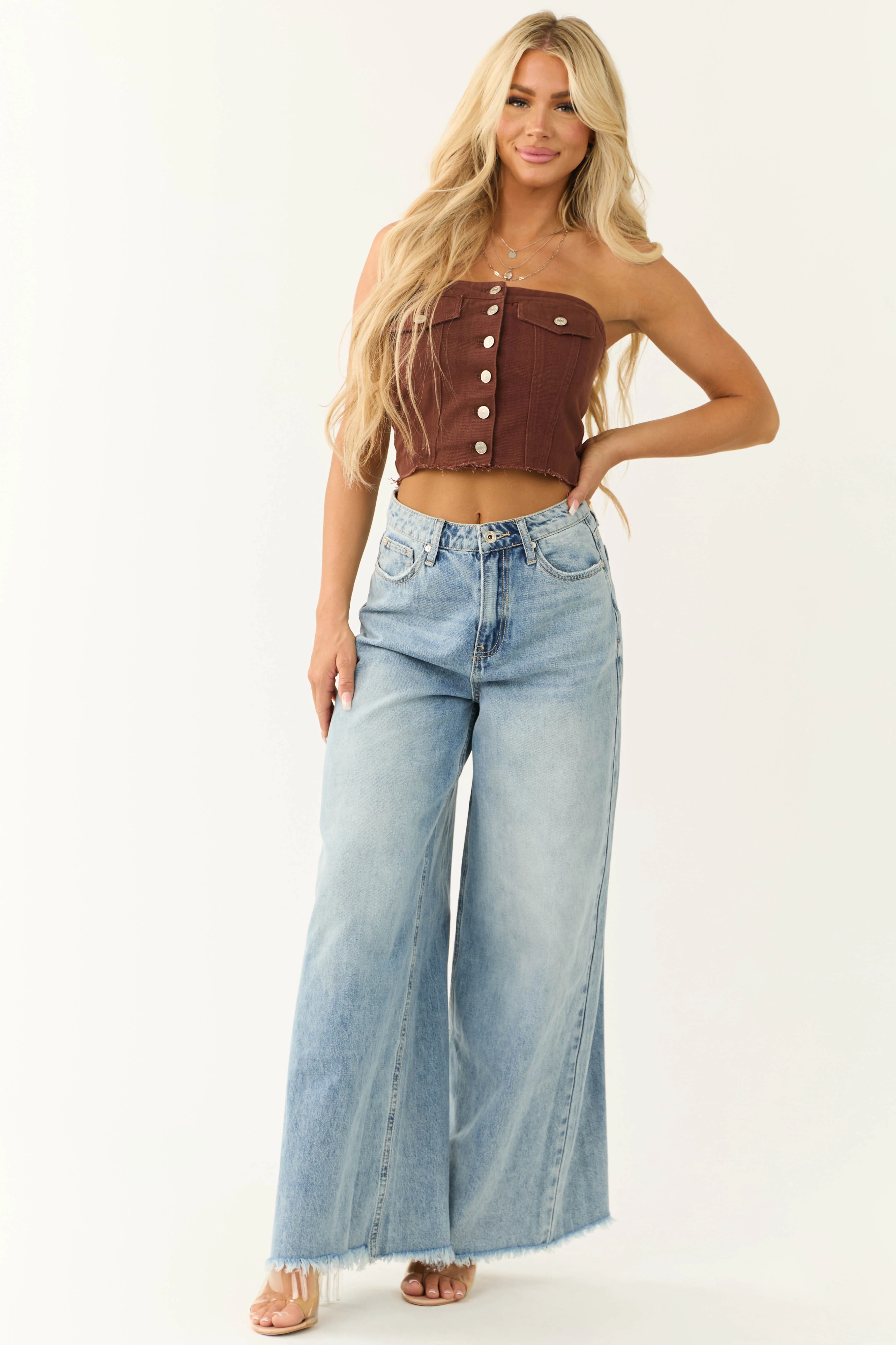 Chocolate Denim Strapless Button Up Corset Top - Image 3