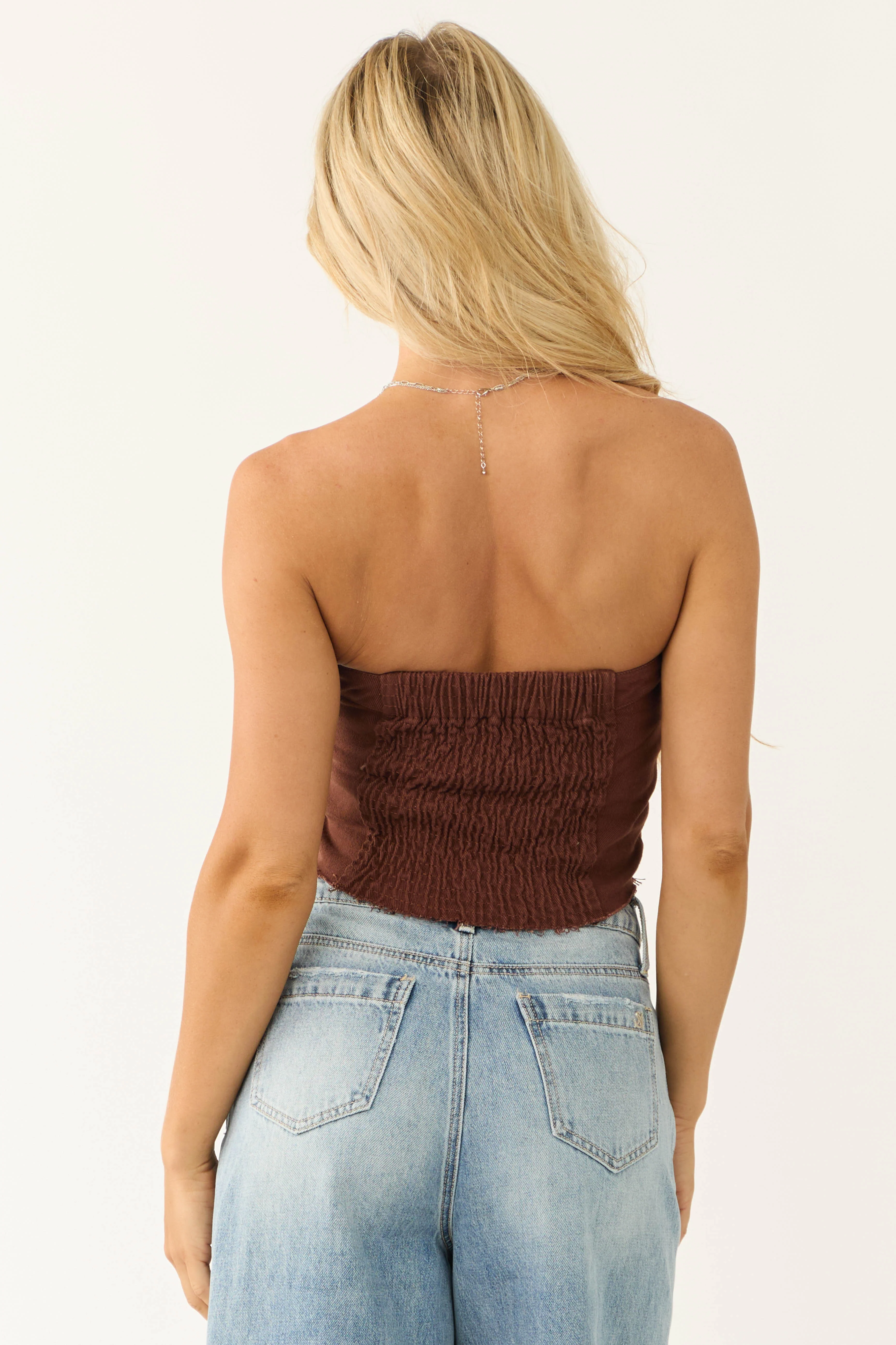 Chocolate Denim Strapless Button Up Corset Top - Image 5