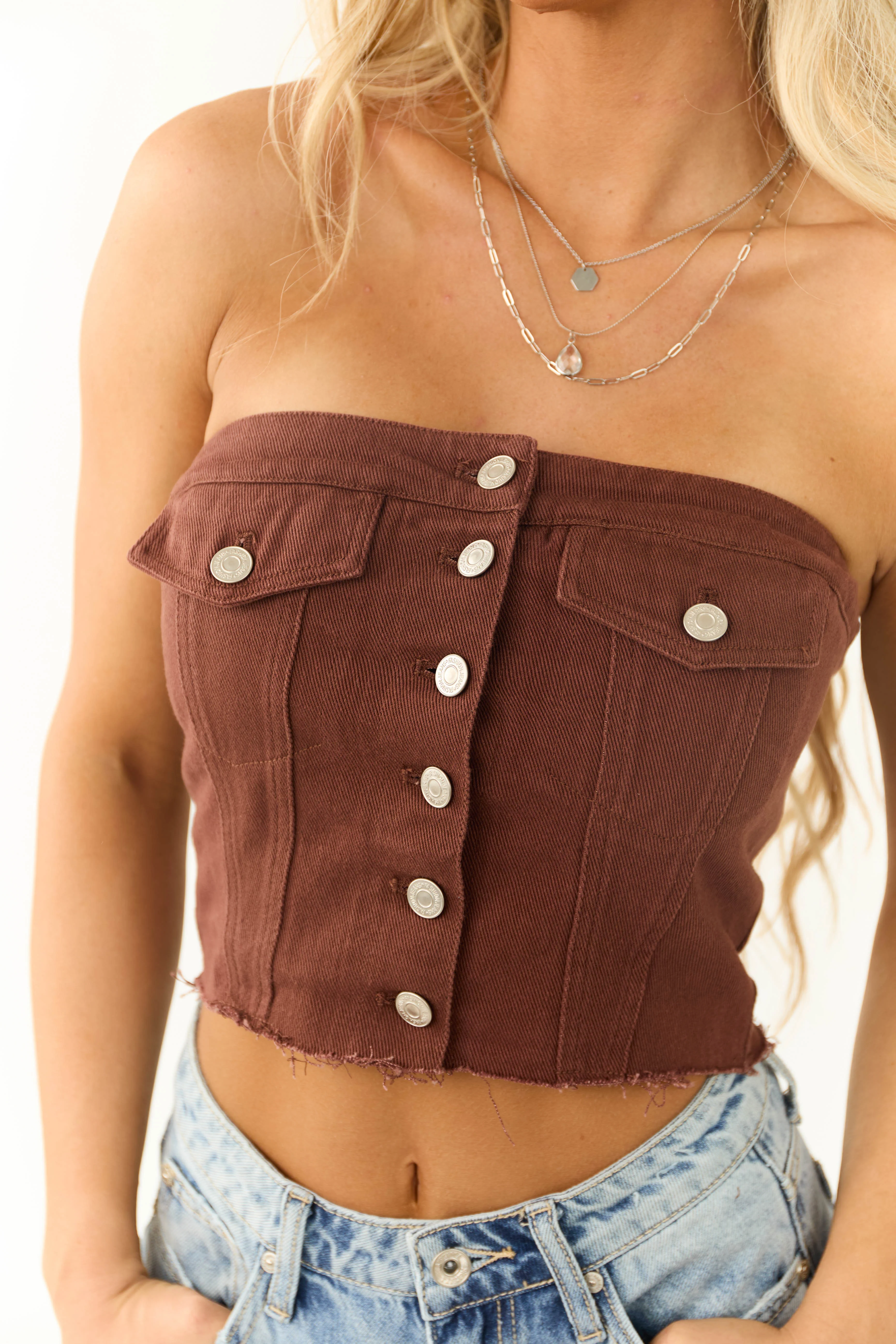 Chocolate Denim Strapless Button Up Corset Top - Image 6