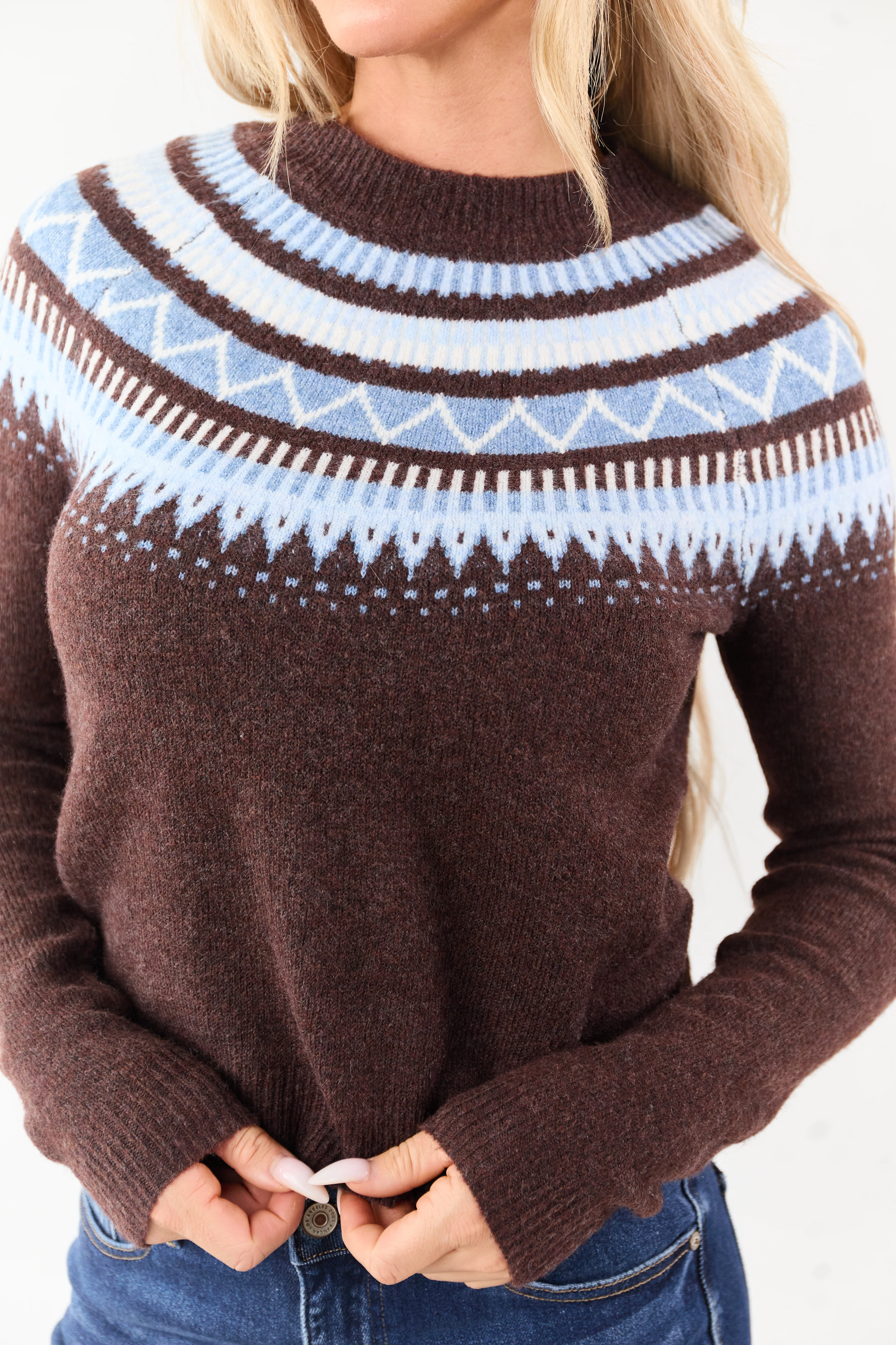 Chocolate Fair Isle Pattern Long Sleeve Sweater - Image 6